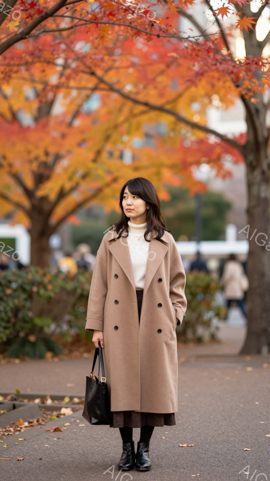 画像には、キャメル色のロングコートを着た女性が写っています。彼女は黒のスカートとブーツを履き、白いセーターを着ています。背景には紅葉した木々と遊歩道があり、秋の穏やかな雰囲気が漂っています。 - AI生成フリー素材