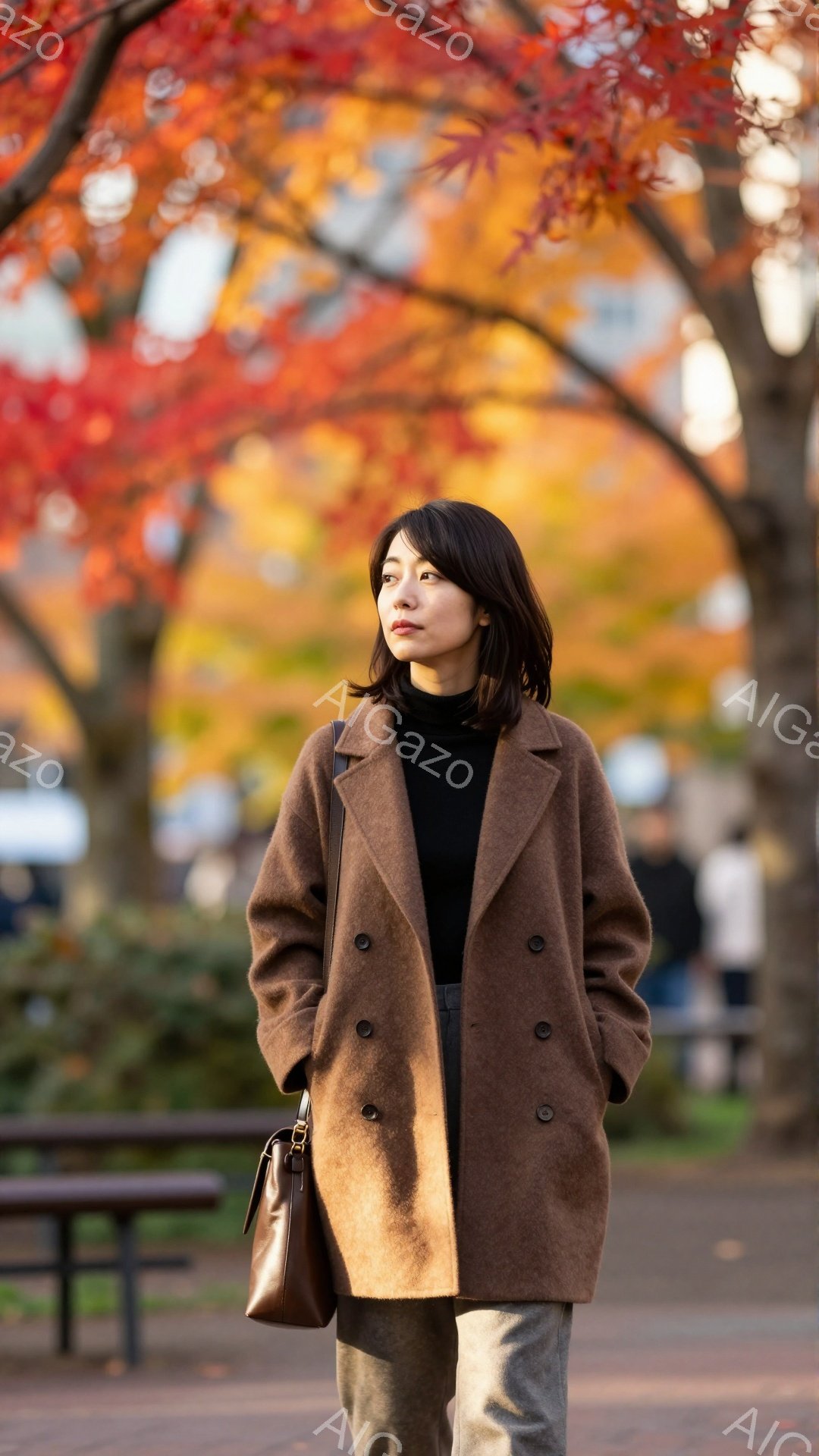 女性はダークブラウンのピーコートとグレーのパンツを身につけ、黒いトップスを着ています。彼女は片手をポケットに入れ、少し横を向き、穏やかな表情で何かを見つめています。背景には鮮やかな赤やオレンジ色の紅葉 - AI生成フリー素材