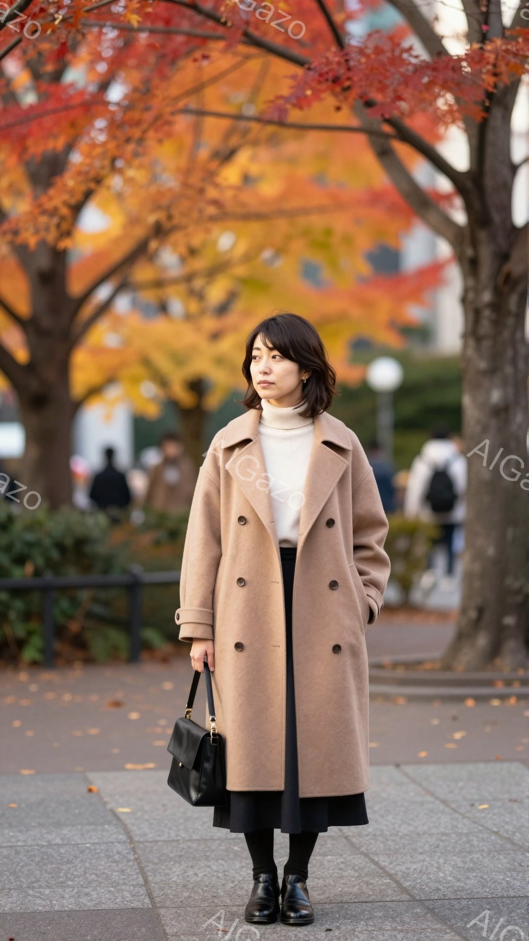 モデルはベージュ色のロングコートと黒のミディアム丈スカートを身に着け、黒のタイツと靴を履いています。彼女は少し内側を向いており、やや憂いのある表情でこちらを見ています。背景には紅葉した木々と歩道、そし - AI生成フリー素材