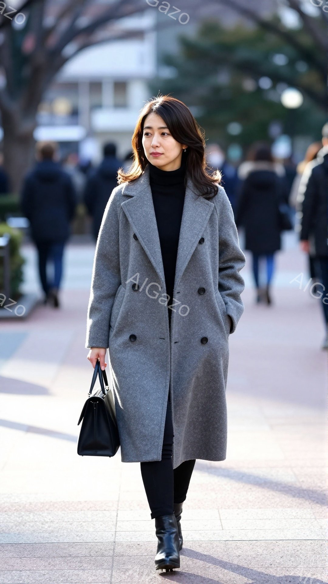 長いグレーのコートを羽織り、黒いハイネックセーターと黒いパンツを着用した女性が写っている。彼女は黒いブーツを履き、肩に黒いハンドバッグを掛けている。背景には建物と木々が見え、晴れた日の屋外で撮影された - AI生成フリー素材