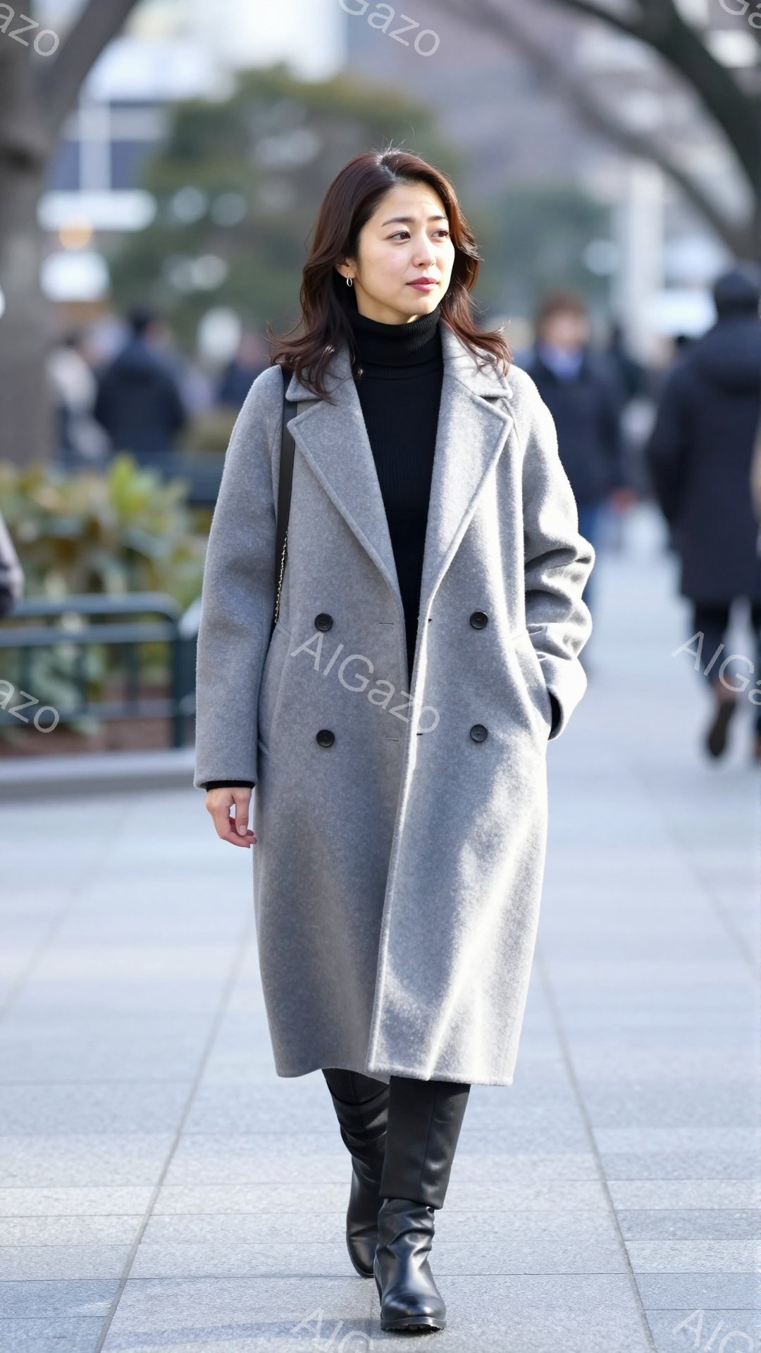 モデルは、黒のタートルネックセーターと黒のレギンスを着用し、グレーのロングコートを羽織っています。彼女は黒いニーハイブーツを履き、少し微笑んだ表情で、石畳の歩道を歩いています。背景には、木々や他の歩行者が見え、晴れた日の穏やかな雰囲気が漂っています。