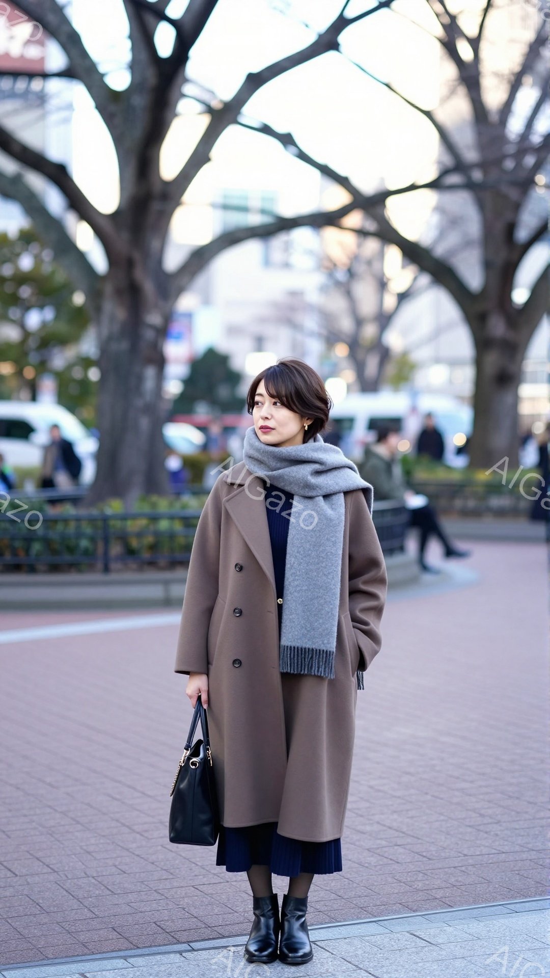 画像には、キャメル色のロングコートを羽織り、ネイビーのワンピースを着た女性が写っています。彼女は灰色のマフラーを巻き、黒いハンドバッグとブーツを身につけ、少し微笑んでいます。背景には、裸木の並木道と、歩行者と建物が見え、晴れた冬の日の穏やかな雰囲気が漂っています。
