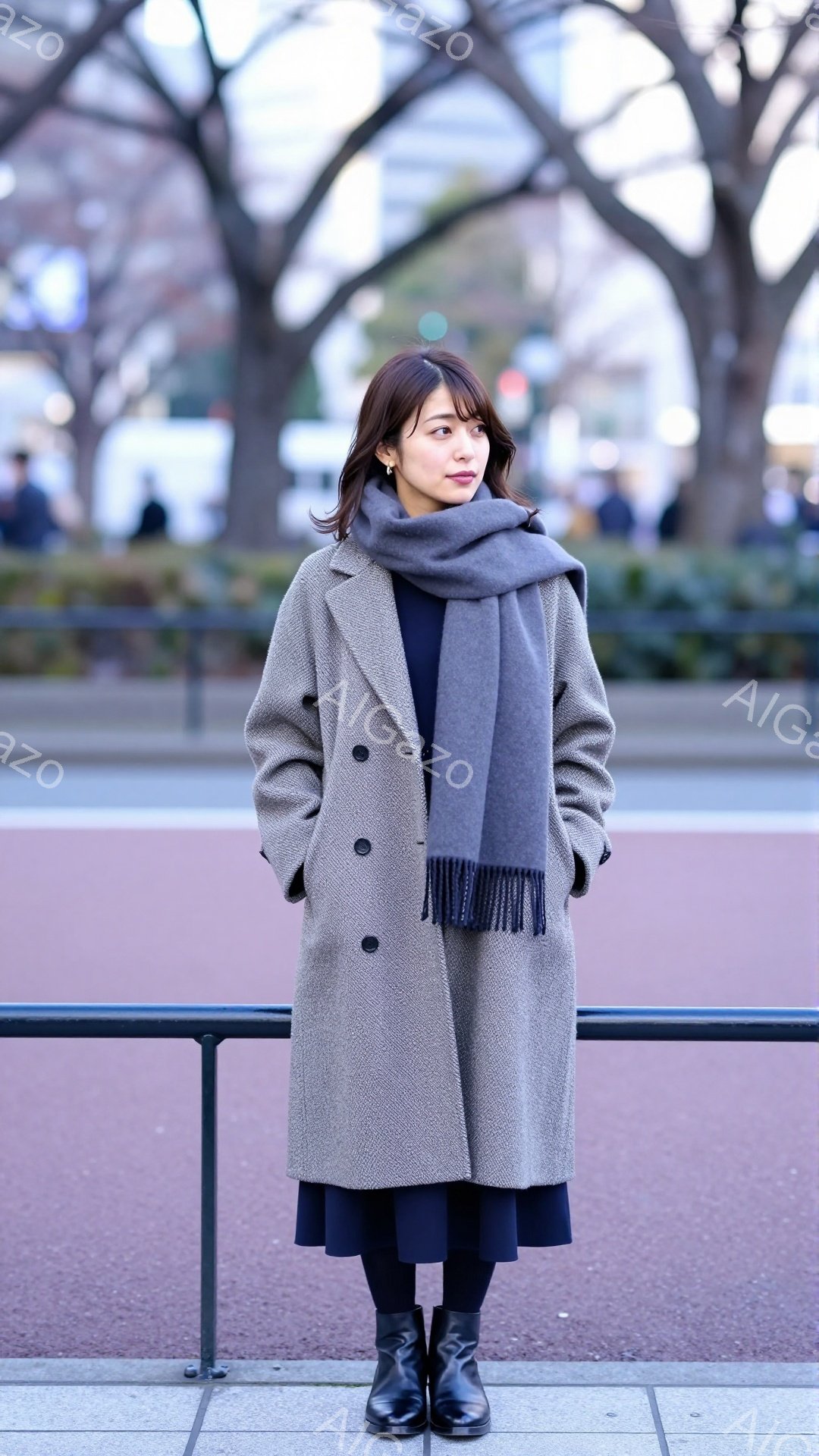 画像には、グレーのツイードコートを着た女性が写っています。彼女は黒いミディアム丈のスカートとブーツを履き、首にグレーのマフラーを巻いています。背景には、裸木の並木と紫色の遊歩道が見え、冬の穏やかな雰囲 - AI生成フリー素材