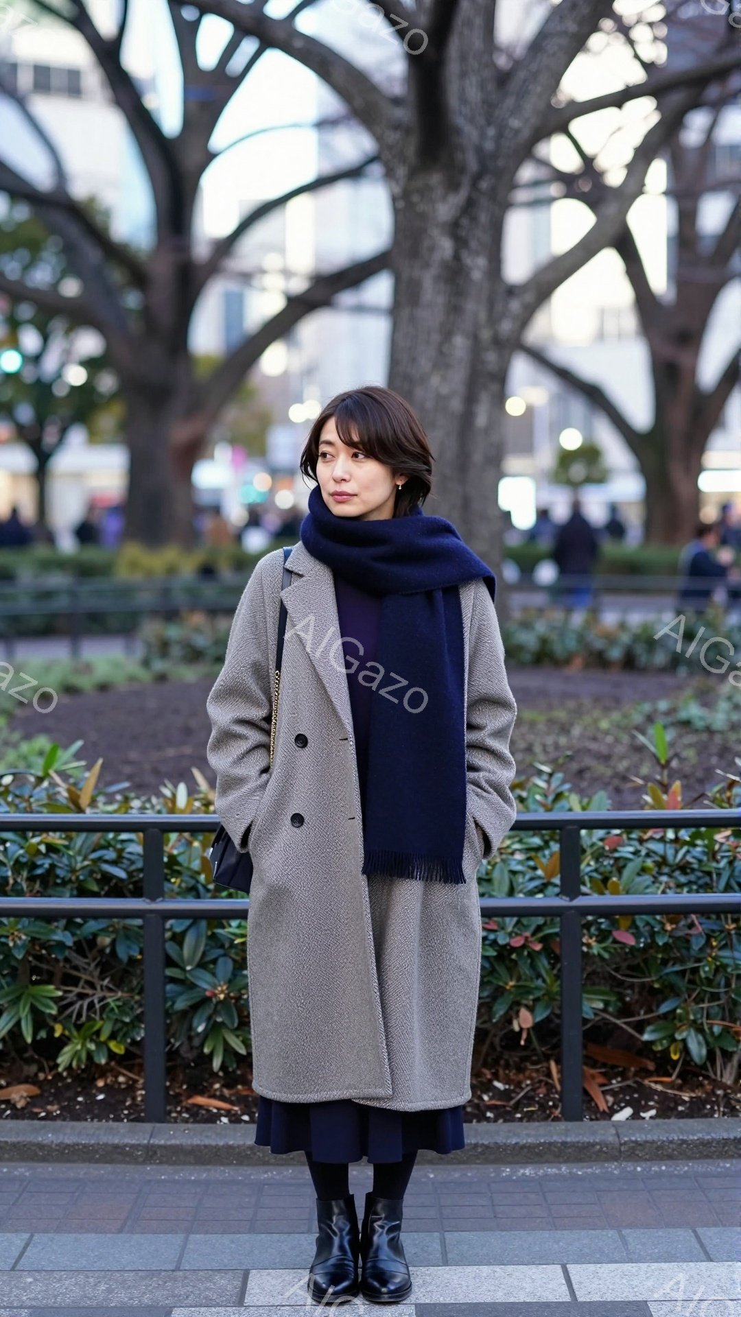 画像には、グレーのコートに深い青色のスカーフを巻いた女性が写っています。彼女は黒いブーツを履き、少し微笑んでいます。背景には、葉の少ない木々と黒い柵があり、冬の公園の静かで落ち着いた雰囲気を醸し出しています。