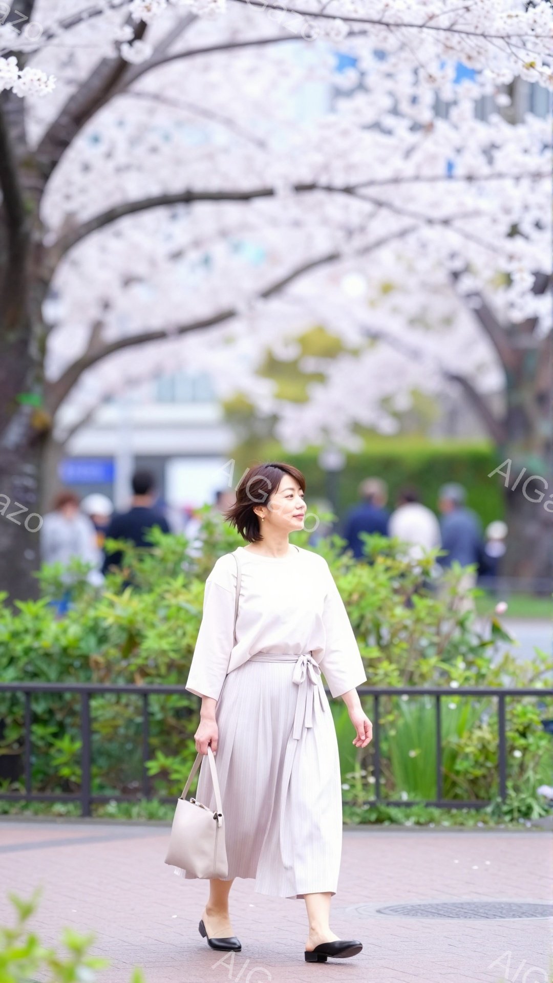 女性はベージュ系の軽やかな服装で、クリーム色のブラウスとプリーツスカートを着用し、黒い靴を履いています。彼女は少し微笑みながら歩いており、手にはベージュ色のハンドバッグを持っています。背景には桜並木が - AI生成フリー素材