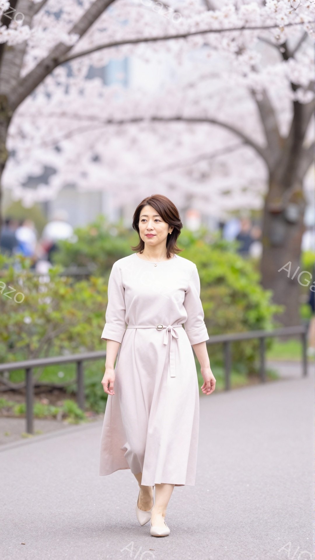 画像には、ベージュ色のミディアム丈ワンピースを着た女性が歩いている様子が写っています。彼女は茶色の髪を肩まで伸ばし、控えめな微笑みを浮かべています。背景には、満開の桜並木とぼやけた建物が見え、春の穏や - AI生成フリー素材