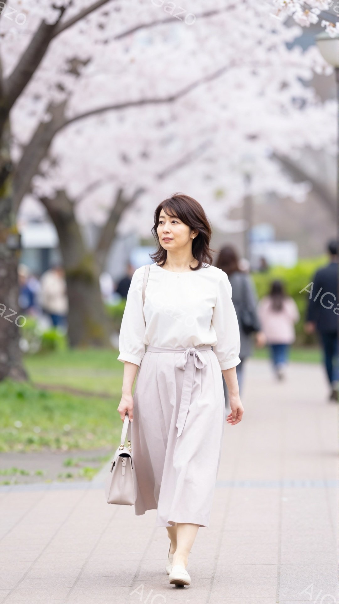 画像には、ベージュ色のブラウスとワイドパンツを身に着けた女性が写っています。彼女は肩にベージュ色のバッグをかけ、白の靴を履いて、石畳の道を歩いています。背景には桜並木が咲き誇り、春の穏やかな陽気に包まれた、優雅な雰囲気を醸し出しています。
