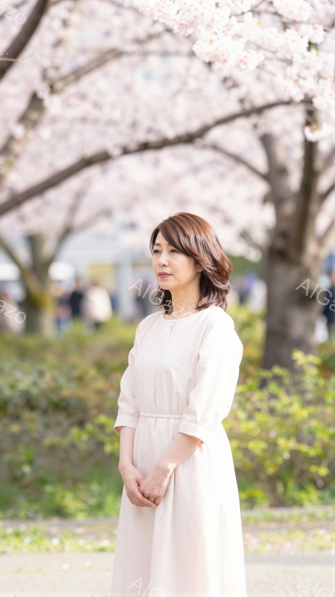 画像には、薄桃色のワンピースを着た女性が写っている。彼女は少し微笑んでおり、穏やかな表情をしている。背景には桜が満開の木々と緑の芝生、そしてぼんやりと見える建物があり、春の暖かな雰囲気を醸し出している - AI生成フリー素材