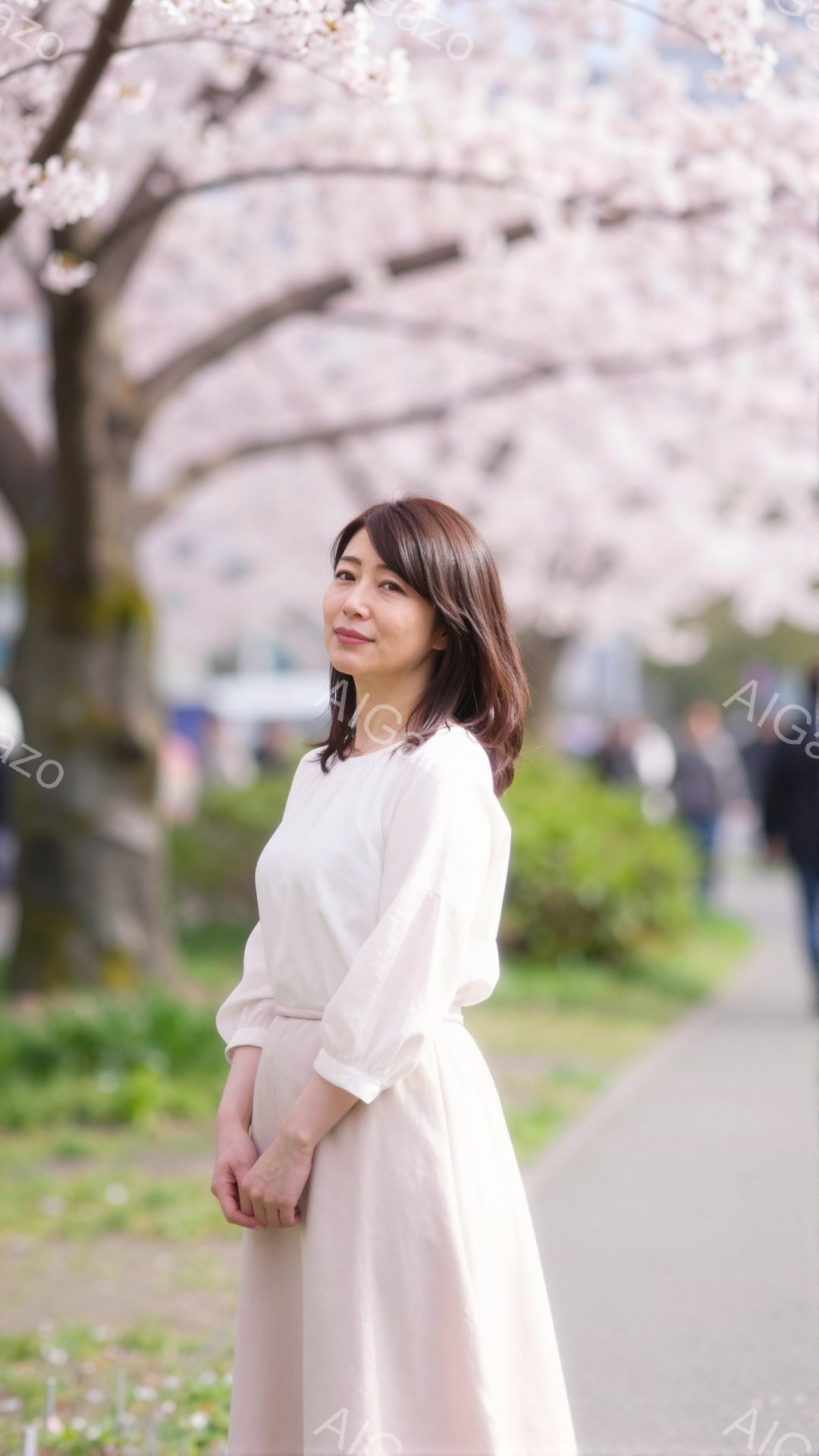 画像には、桜並木の中を歩く女性が写っています。女性は薄いピンク色のワンピースを着ており、髪は肩のあたりで軽くカールしています。穏やかな笑顔で、春の陽光の下、リラックスした雰囲気を醸し出しています。 - AI生成フリー素材