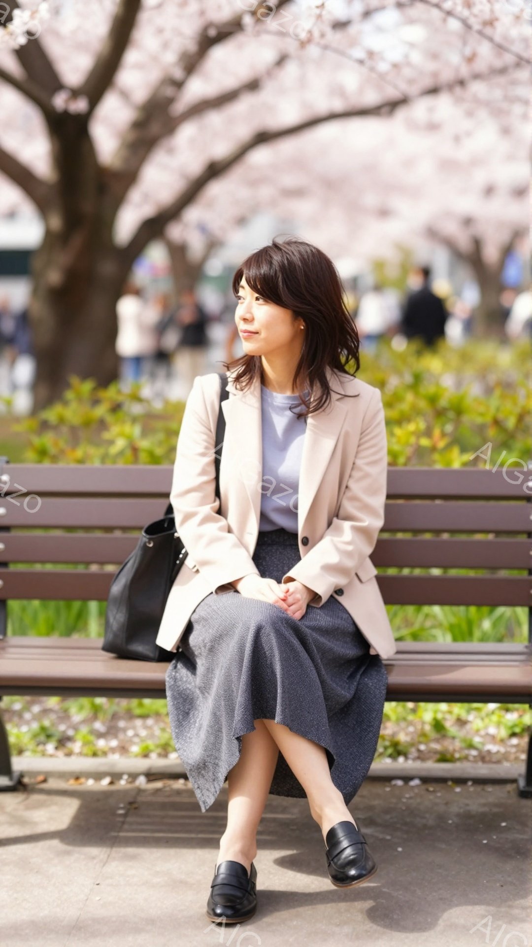 彼女はベージュのジャケットとグレーのスカートを身に着け、黒のローファーを履いてベンチに座っています。少し微笑んでおり、穏やかな表情で、髪は肩にかかる長さで、軽くカールしています。背景には桜が咲き誇る木々と、ぼやけた人影が見え、春の穏やかな日差しの中でリラックスした雰囲気が漂っています。