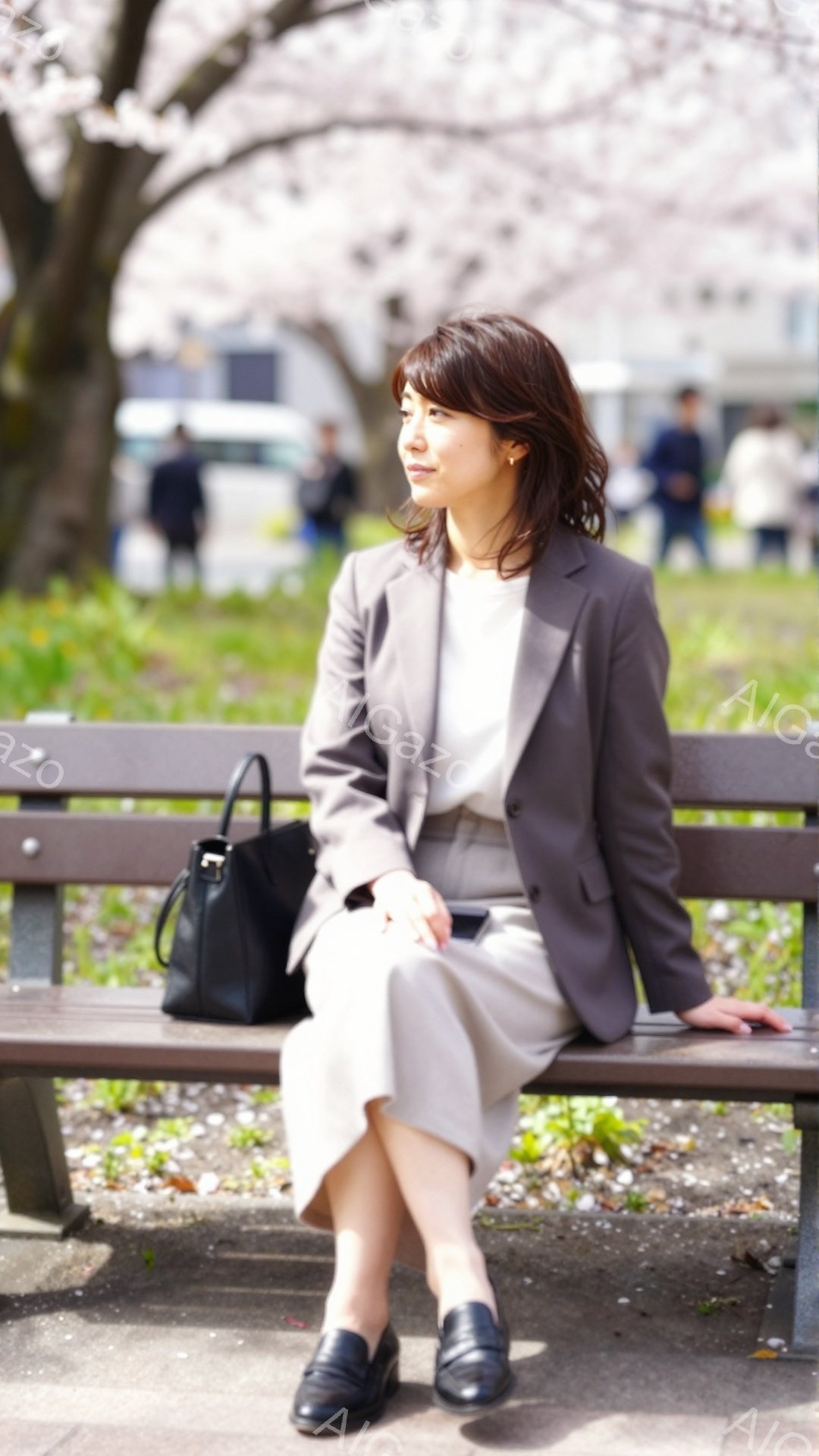画像には、公園のベンチに座っている女性が写っています。彼女は薄いグレーのスーツとスカートを身につけ、黒いパンプスを履いています。背景には桜が咲き誇り、春の穏やかな雰囲気が漂っています。