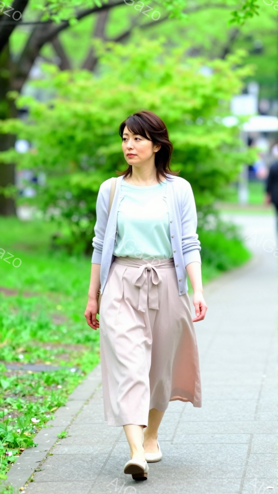 中年の女性が、ベージュのワイドパンツと水色のTシャツ、そして薄い紫色のカーディガンを着て、歩道を歩いている。髪は肩までの長さで、軽くウェーブがかかっており、表情は穏やかで少し微笑んでいるように見える。背景には緑豊かな木々と歩道が広がっており、晴れた日の穏やかな散歩の様子が伺える。