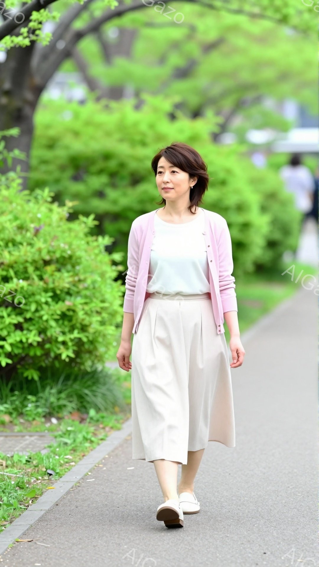 浅いピンク色のカーディガンを着た女性が、クリーム色のワイドパンツと白い靴を履いて舗装された道を歩いています。彼女は髪を短くカットし、穏やかな表情を浮かべて前方を向いています。背景には緑豊かな木々と明るい空が広がり、春の穏やかな一日を思わせる、リラックスした雰囲気です。