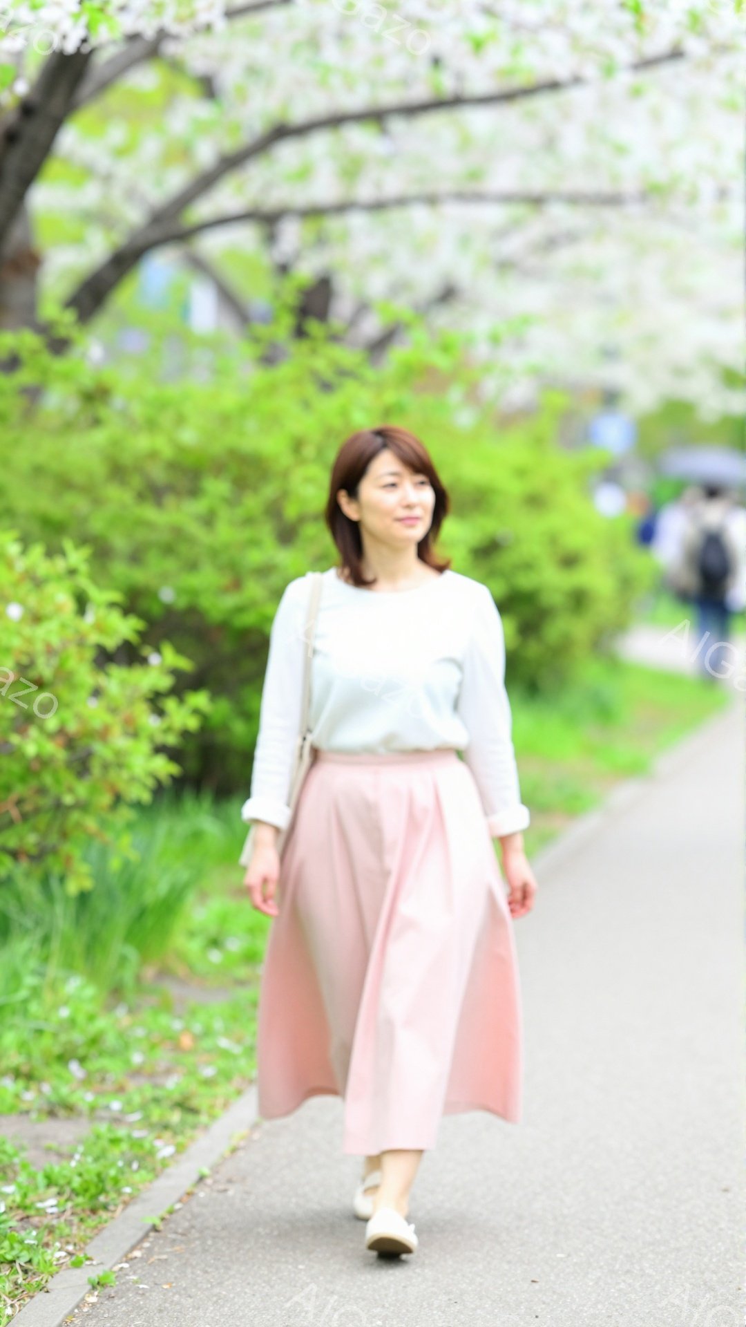 画像には、ピンク色のスカートと白いブラウスを着た女性が写っています。彼女は道を歩いており、少し微笑んでいます。背景には桜の木が咲き誇り、春の穏やかな雰囲気が漂っています。 - AI生成フリー素材