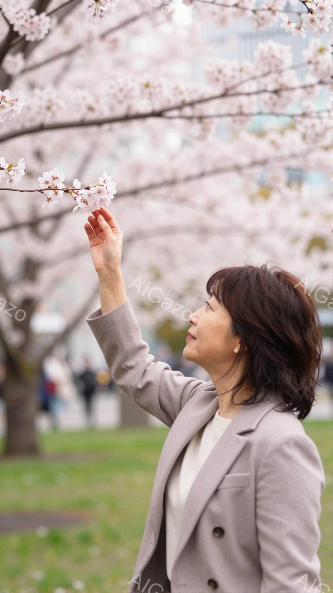 中年の女性が桜の木の枝に手を伸ばしています。ベージュのジャケットと白いインナーを着ており、短めのダークブラウンのヘアスタイルです。背景には緑の芝生とぼやけた建物が見え、桜の花びらが舞い散る春の穏やかな - AI生成フリー素材