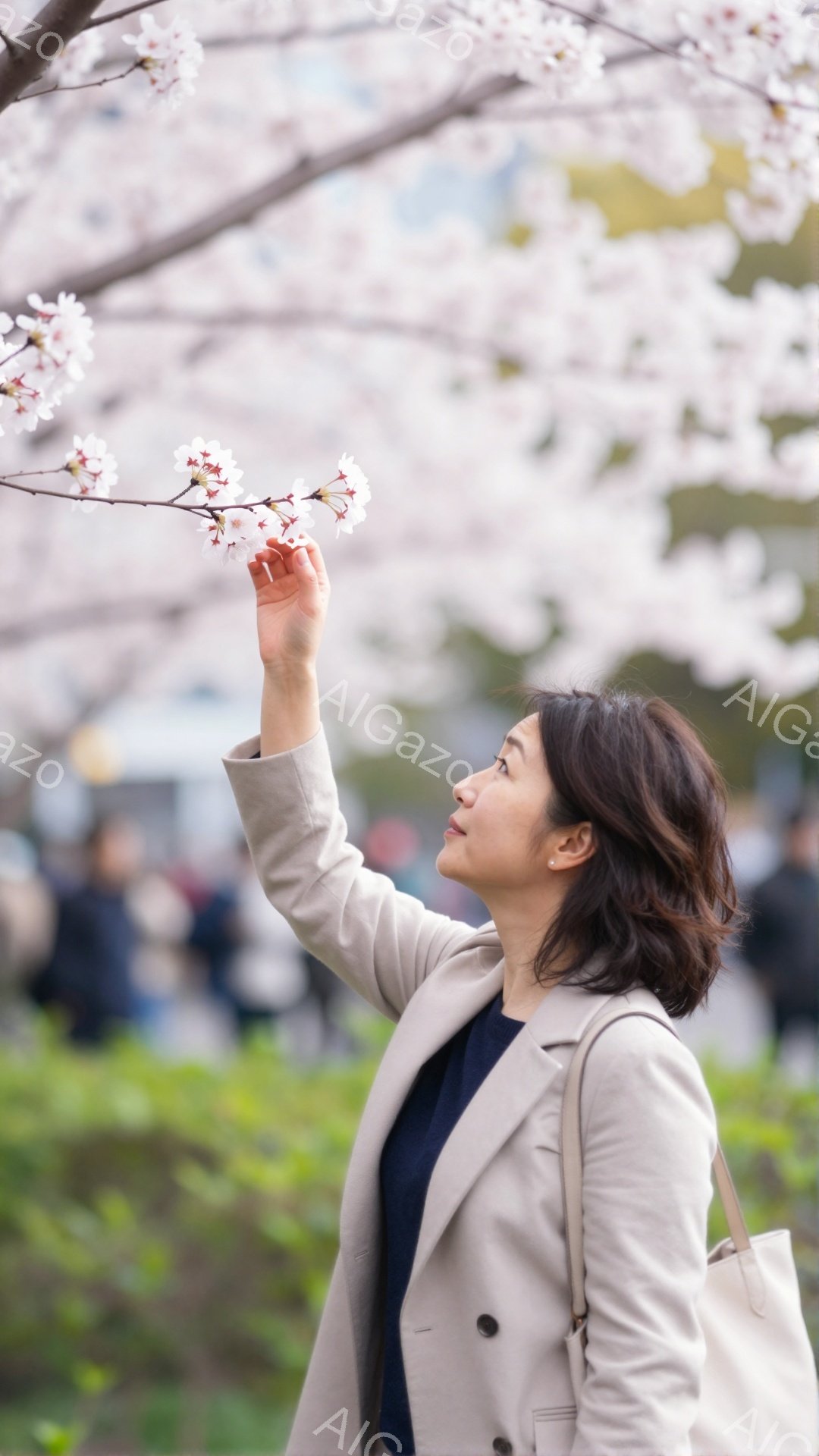 画像には、ベージュ色のジャケットと濃い青色のインナーを着た女性が写っています。彼女は少し上目遣いで、桜の枝を見上げています。背景には、ぼやけた緑の芝生と、満開の桜並木が広がり、春の穏やかな雰囲気を醸し - AI生成フリー素材