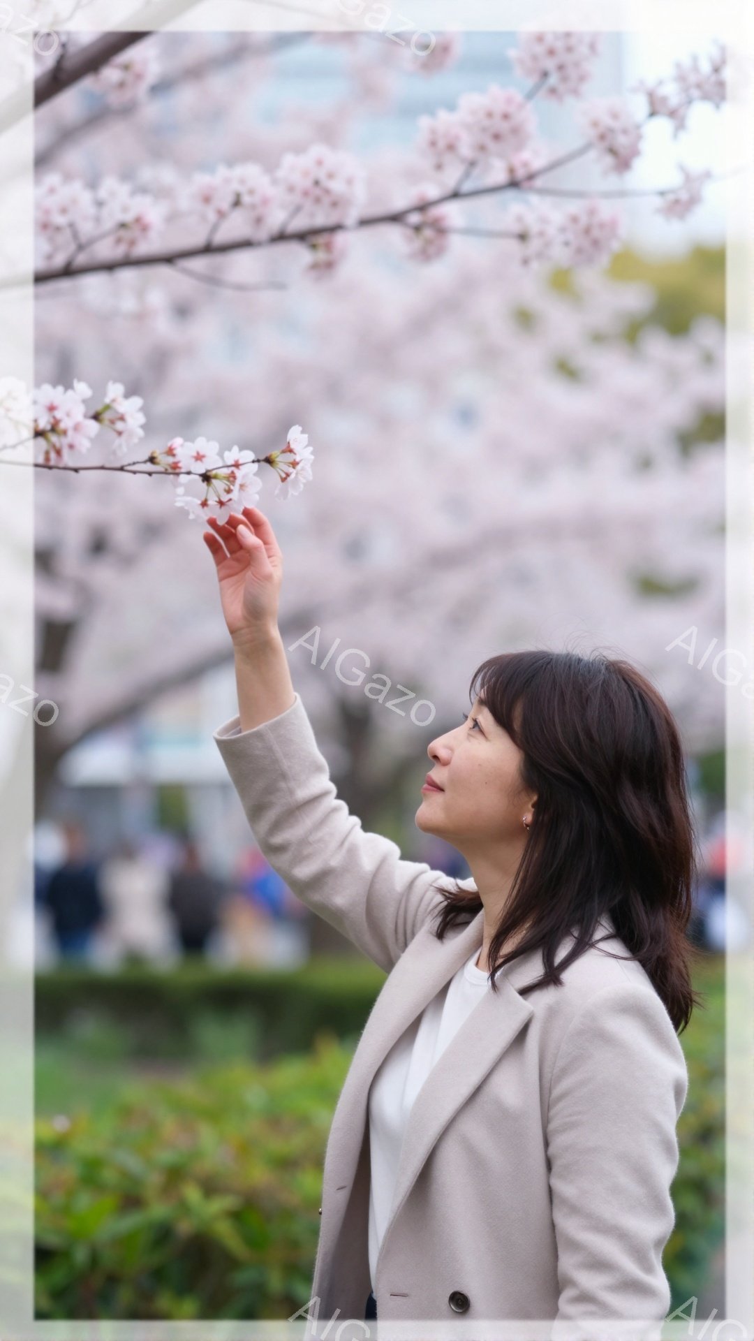 明るい日差しの中、女性が桜の枝に手を伸ばしている姿が写っている。ベージュ色のジャケットに白いインナーを着ており、短めの黒髪が肩にかかっている。背景には桜並木が広がり、ぼんやりと建物が見え、春の暖かく穏やかな雰囲気が伝わってくる。