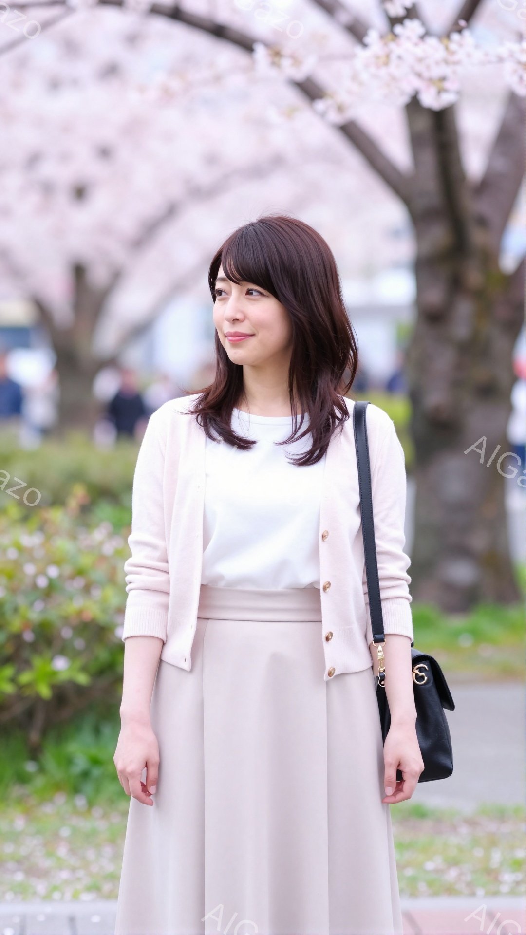 女性は、ベージュのカーディガンと白いTシャツ、そして同色のロングスカートを身に着けています。彼女は少し微笑み、片方の肩に黒いハンドバッグをかけています。背景には桜の木が咲き誇り、柔らかい光が差し込み、春の穏やかな雰囲気を醸し出しています。