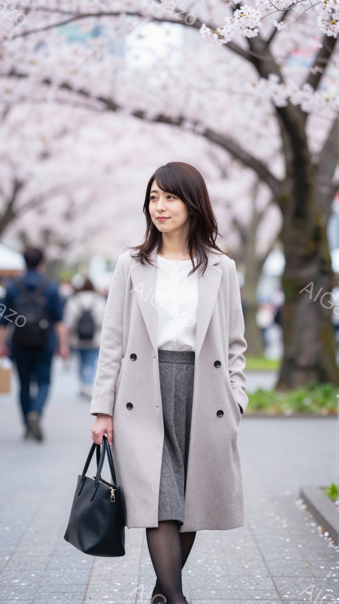長いベージュのコートを着た女性が、グレーのチェック柄スカートと黒いタイツを合わせ、黒いハンドバッグを持っています。彼女は少し微笑み、前方を見つめて歩いています。背景には桜並木が続き、地面には散り桜が舞 - AI生成フリー素材