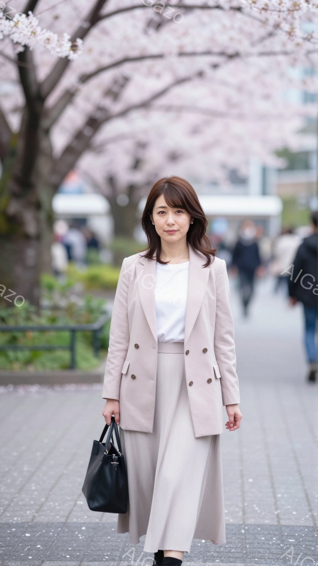 画像には、桜並木の遊歩道を歩く女性が写っています。ベージュのジャケットとプリーツスカートを合わせ、黒のハンドバッグを持っています。彼女は軽く微笑み、リラックスした雰囲気で前方を向いて歩いています。 - AI生成フリー素材