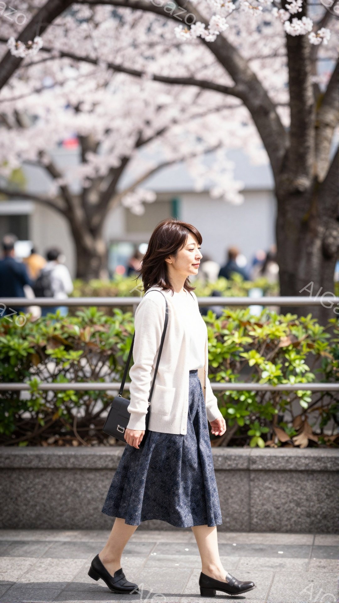 クリーム色のカーディガンと濃いグレーのフレアスカートを身に着けた女性が写っている。彼女は少し微笑んでおり、黒いショルダーバッグと黒いパンプスを合わせ、歩いている途中で、やや横を向いている。背景には、桜並木と、ぼやけた人々と建物があり、春の穏やかな一日であることが伺える。