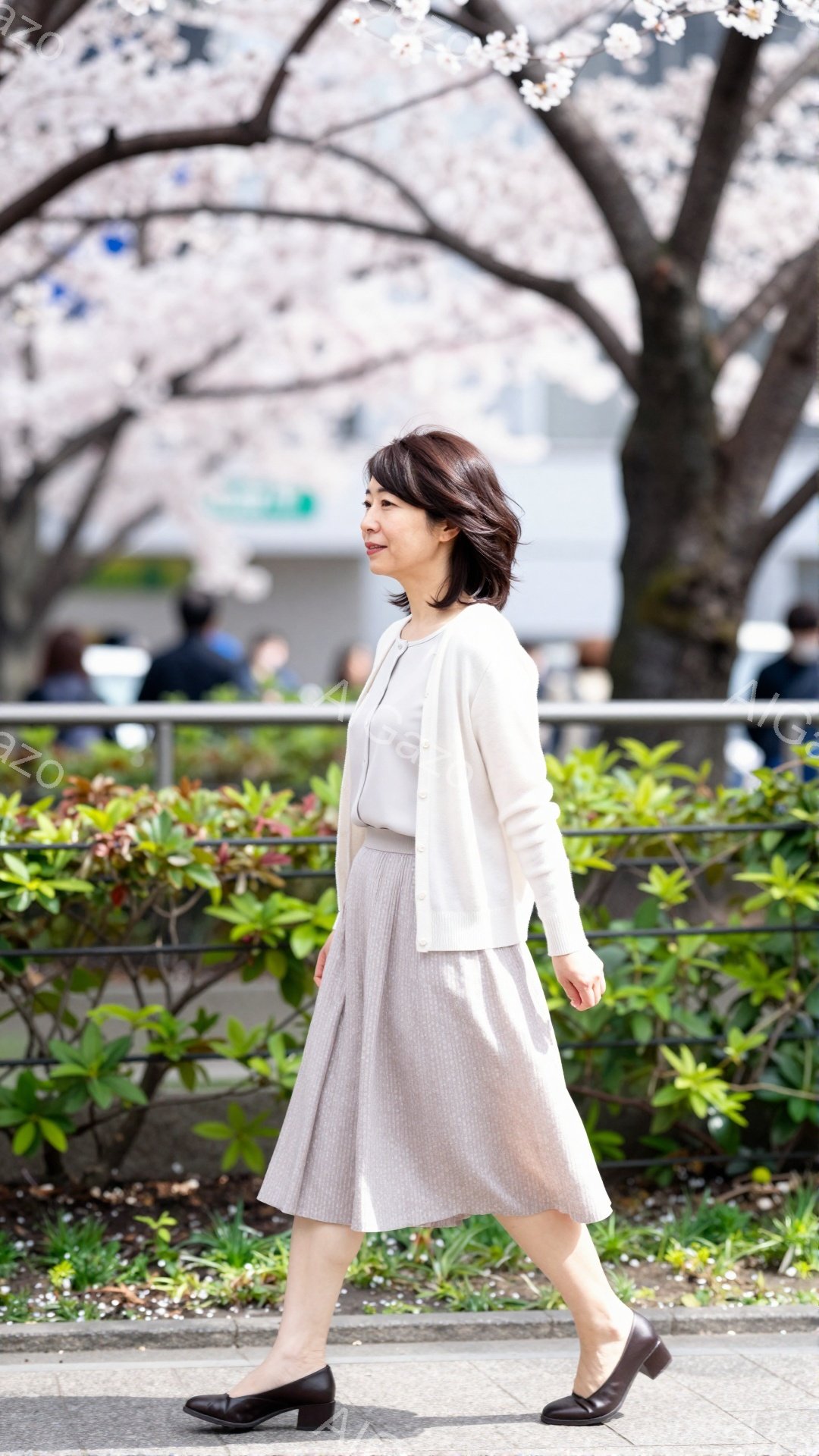画像には、ベージュのカーディガンとスカートを身につけた女性が歩いている様子が写っています。彼女はダークブラウンの髪を肩のあたりでまとめ、少し微笑んだ表情で、軽やかな足取りで歩いています。背景には、桜の - AI生成フリー素材