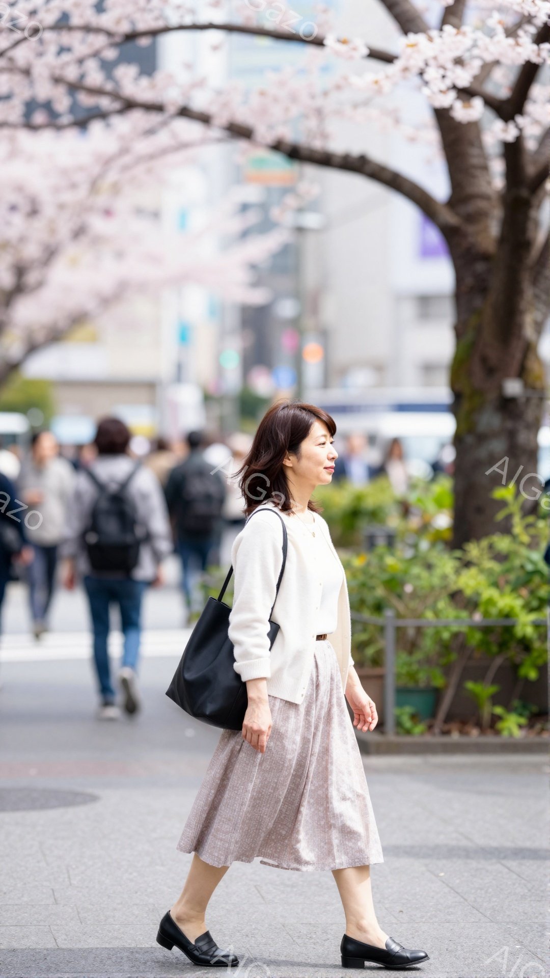 画像には、ベージュのプリーツスカートと白いカーディガンを着た女性が写っています。彼女は黒いバッグを持ち、黒いローファーを履いて歩いています。背景には桜並木が咲き誇り、春の穏やかな日差しが感じられます。