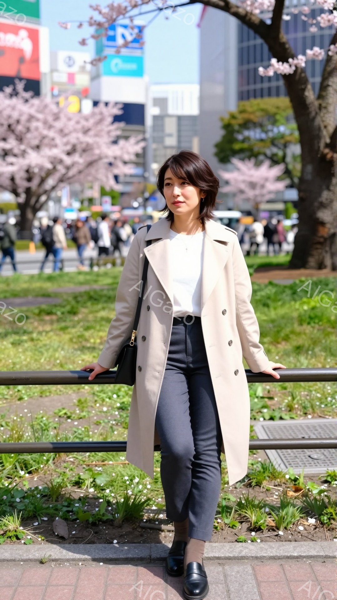 女性はベージュ色のトレンチコートと濃いグレーのパンツを着用し、黒い靴を履いています。彼女は短いダークブラウンの髪型で、わずかに微笑んでいます。背景には桜並木が咲き誇り、多くの人が散歩を楽しんでいます。 - AI生成フリー素材