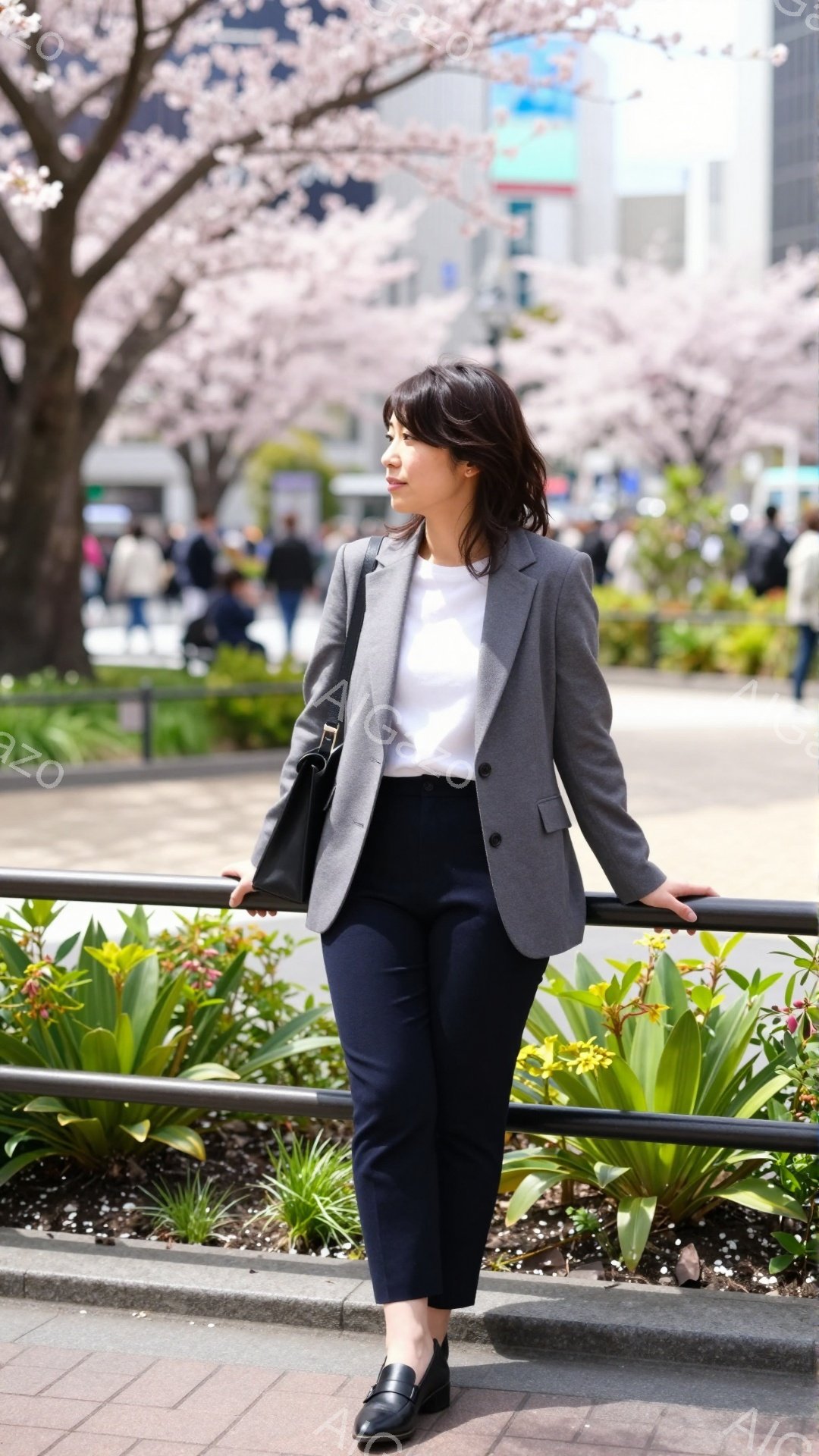 灰色のジャケットと濃い青色のパンツを着用した女性が、黒い革靴を履いて立っている。彼女は少し横を向き、片手を金属製の柵に添えてリラックスした姿勢を見せている。背景には桜並木と人々が歩く遊歩道があり、春の - AI生成フリー素材