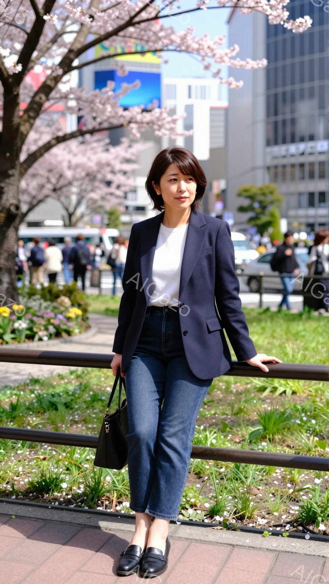 画像には、紺色のジャケット、白いTシャツ、濃いめのジーンズを身につけた女性が写っています。彼女は黒い革靴を履き、左手を金属製の柵に添えて立っており、リラックスした表情をしています。背景には、桜並木と高 - AI生成フリー素材