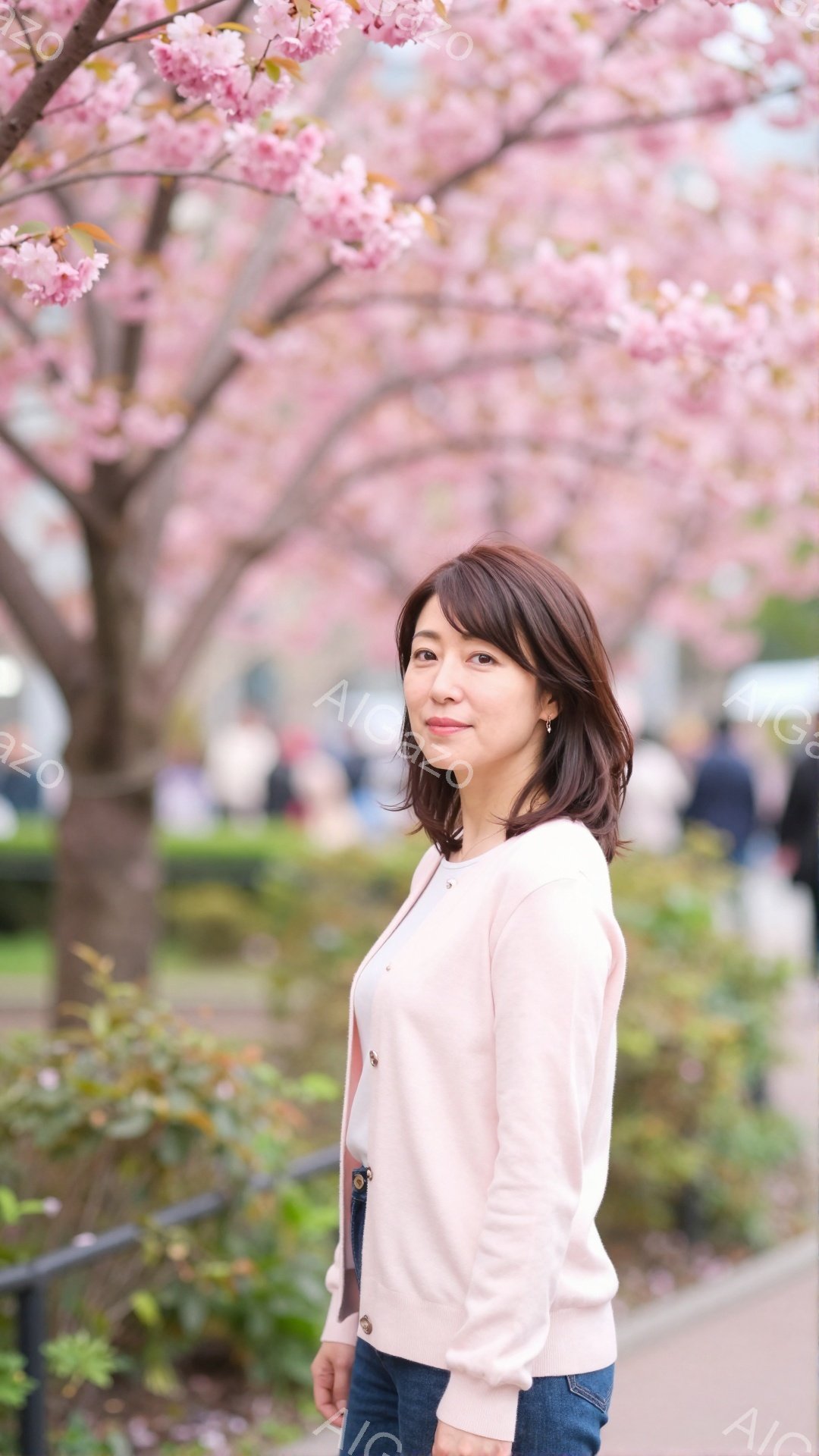 画像には、桜並木を背景に立つ女性が写っています。彼女は薄いピンク色のカーディガンとジーンズを着ており、少し微笑んだ表情でカメラを見ています。背景には、満開の桜並木と、ぼやけた人々の姿が見え、春の穏やか - AI生成フリー素材