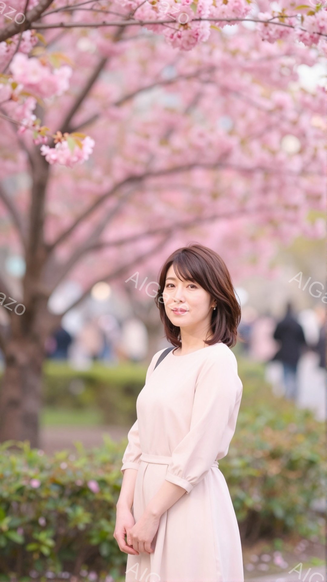 桜並木を背景に、ベージュ色のワンピースを着た女性が微笑んでいます。ショートボブのヘアスタイルで、穏やかで優しい表情を浮かべており、リラックスした姿勢で立っています。背景にはぼやけた桜並木と、遠くに見え - AI生成フリー素材
