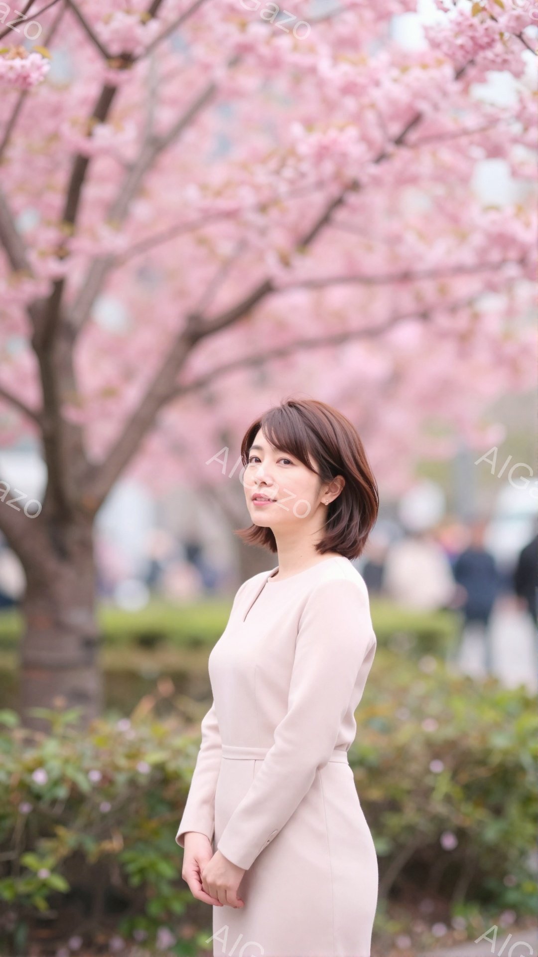 画像は、桜並木を背景にした女性のポートレートです。女性は薄いピンク色のワンピースを着ており、肩までかかる長さの茶髪をサイドに分けています。穏やかな表情で少し横を向き、春の暖かさと優雅さを感じさせる写真 - AI生成フリー素材