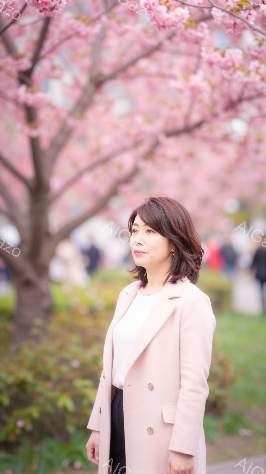 浅いピンク色のコートを着た女性が、やや横を向いて立っている。彼女は黒いパンツと白いブラウスを着用しており、髪は肩までの長さの茶色いヘアスタイルである。背景には桜が咲き誇る木々と、ぼやけた人々の姿が見え、春の穏やかな雰囲気を醸し出している。