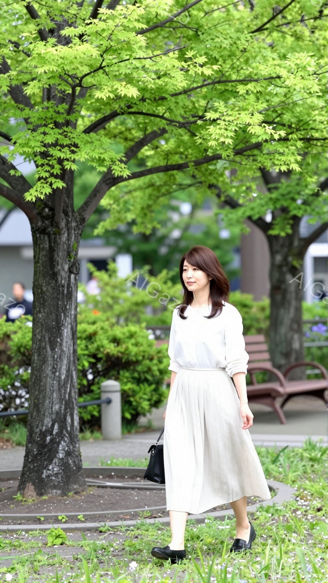 画像には、クリーム色のブラウスとプリーツスカートを身に着けた女性が写っています。彼女は少し微笑んでおり、肩にかかった黒いハンドバッグを持っています。背景には緑豊かな木々とベンチ、そして建物が見え、晴れた日の穏やかな雰囲気が漂っています。