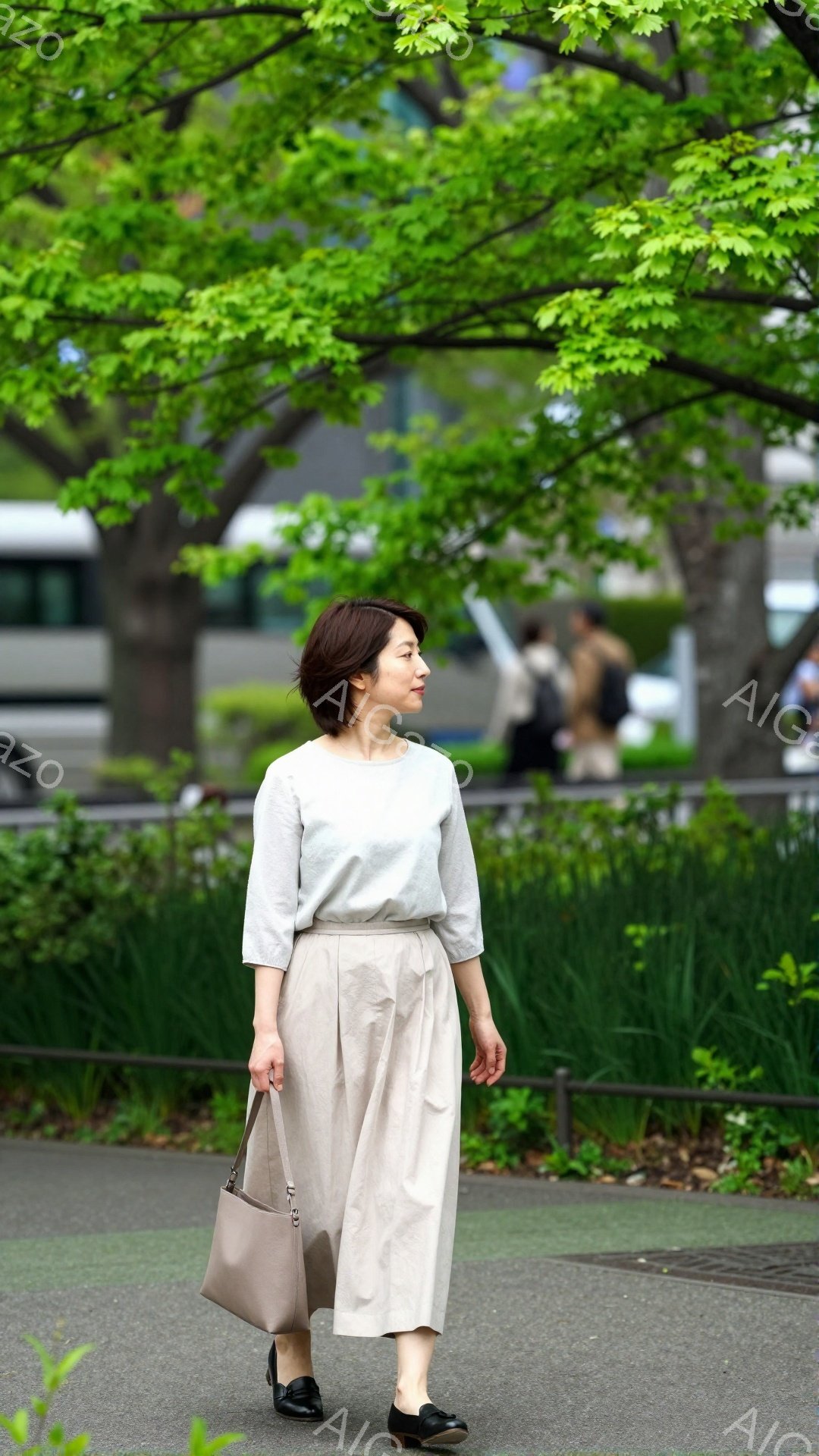 画像には、ベージュのミディアム丈スカートとライトグレーのブラウスを着た女性が写っています。彼女は肩にベージュのショルダーバッグをかけ、黒い靴を履き、少し前かがみの姿勢で歩いています。背景には緑豊かな木々とアスファルトの道があり、晴れた日の穏やかな雰囲気が漂っています。