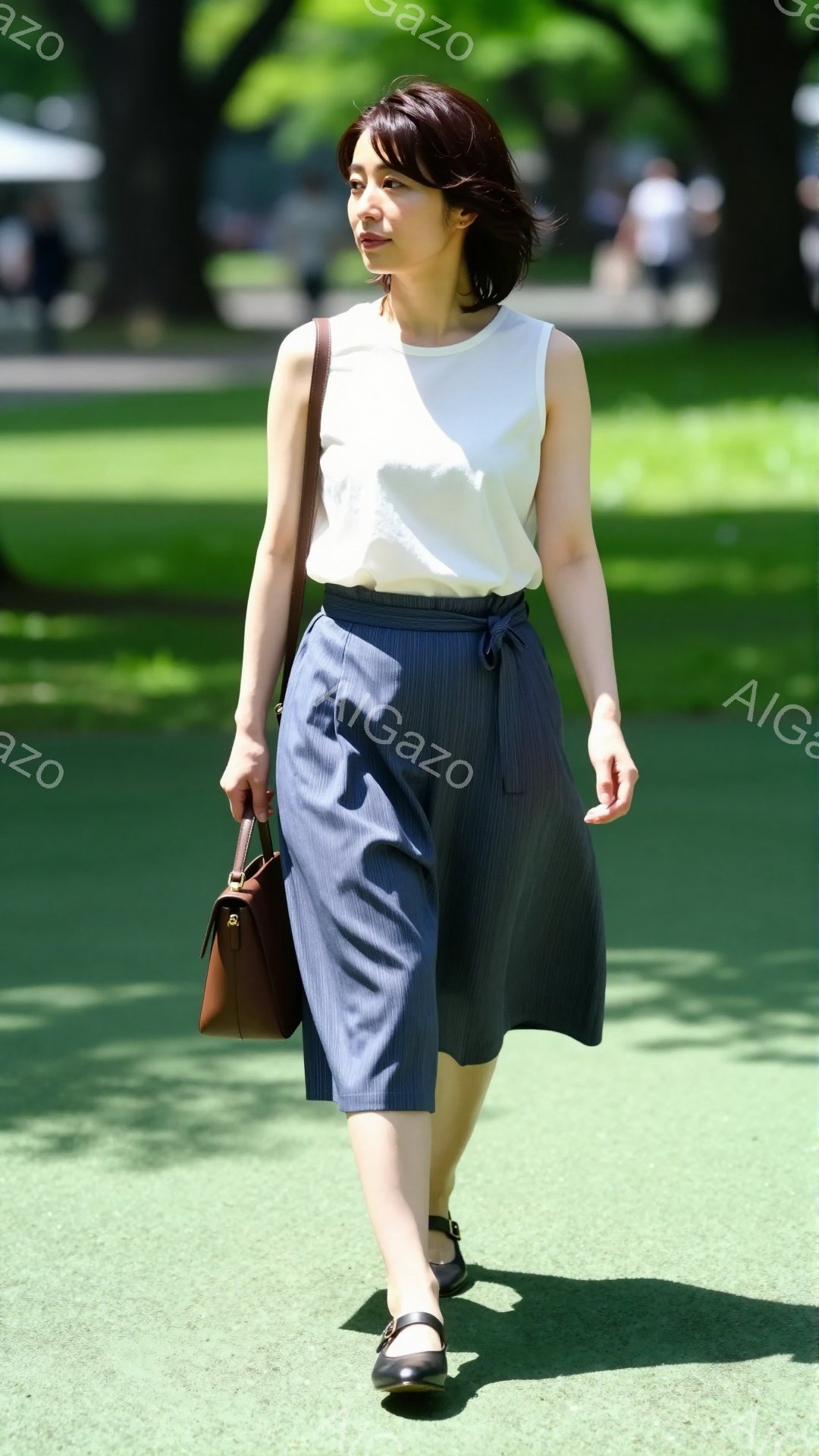 画像には、青いストライプのワイドパンツと白いブラウスを着た女性が写っています。彼女は黒い革靴を履き、茶色のハンドバッグを持っています。背景は緑豊かな芝生で、木々が立ち並び、晴天で穏やかな雰囲気が漂っています。