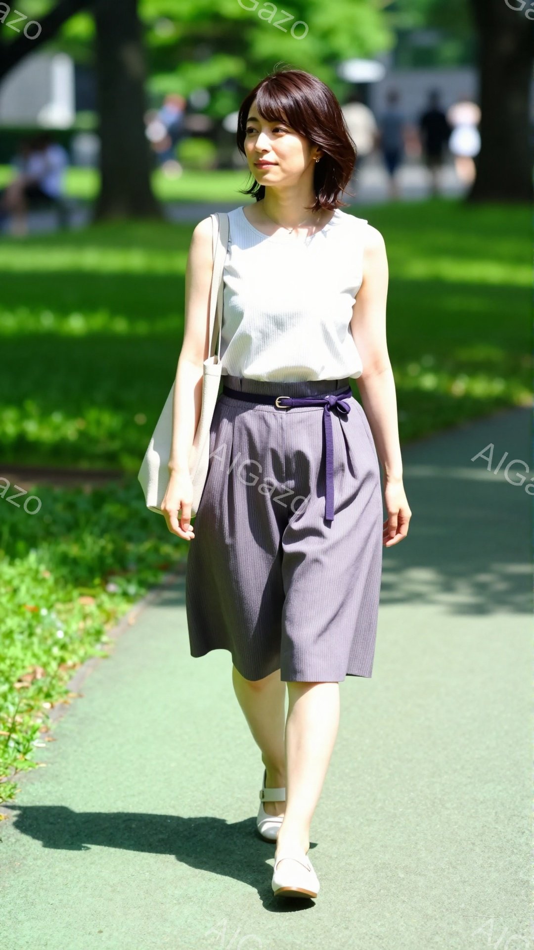 画像には、紫色のストライプのワイドレッグパンツとオフホワイトのトップスを着た女性が写っています。彼女は肩に掛けたバッグを持ち、少し微笑みながら、緑色の遊歩道を歩いています。背景には緑豊かな木々があり、晴れた日の穏やかな雰囲気が漂っています。