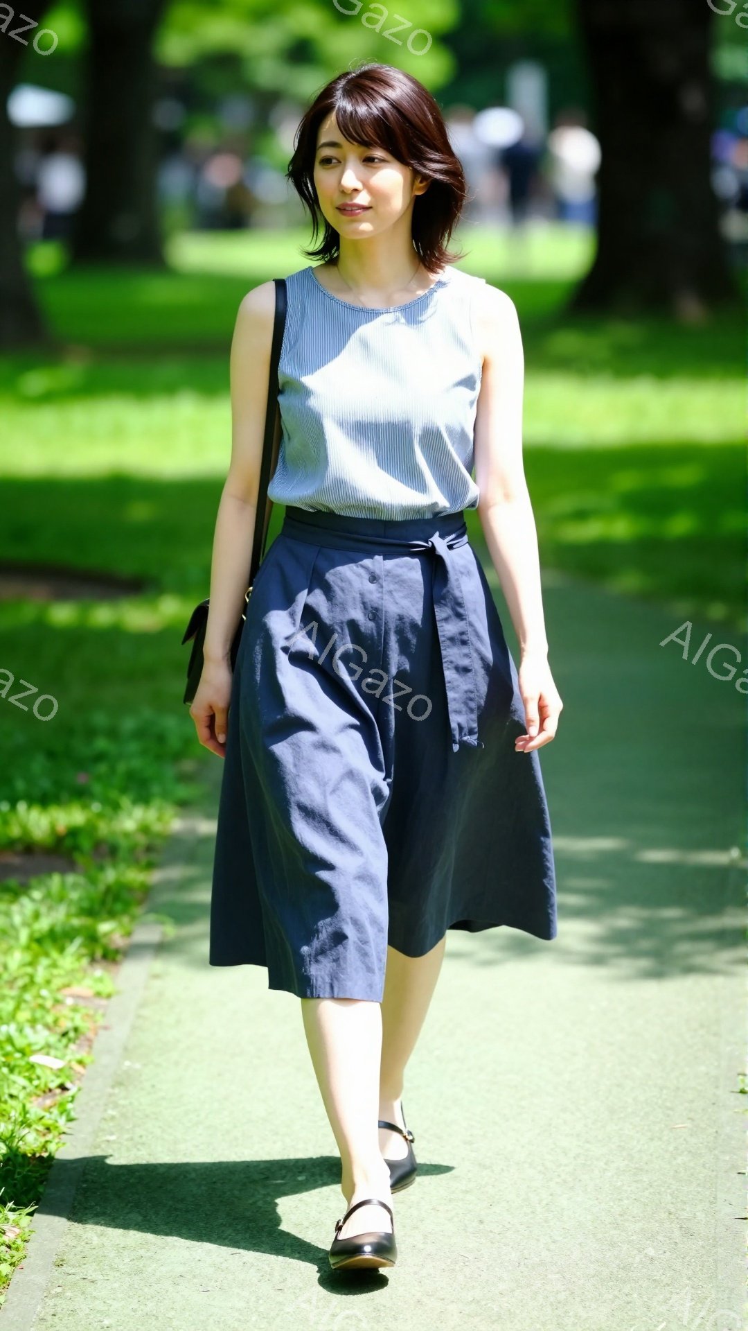 ストライプの半袖ブラウスと濃紺のワイドパンツを着用した女性が、公園の道を歩いています。彼女は黒いパンプスを履き、肩にかけたバッグを持っています。背景には緑豊かな芝生と木々が見え、晴れた日の穏やかな雰囲気が漂っています。