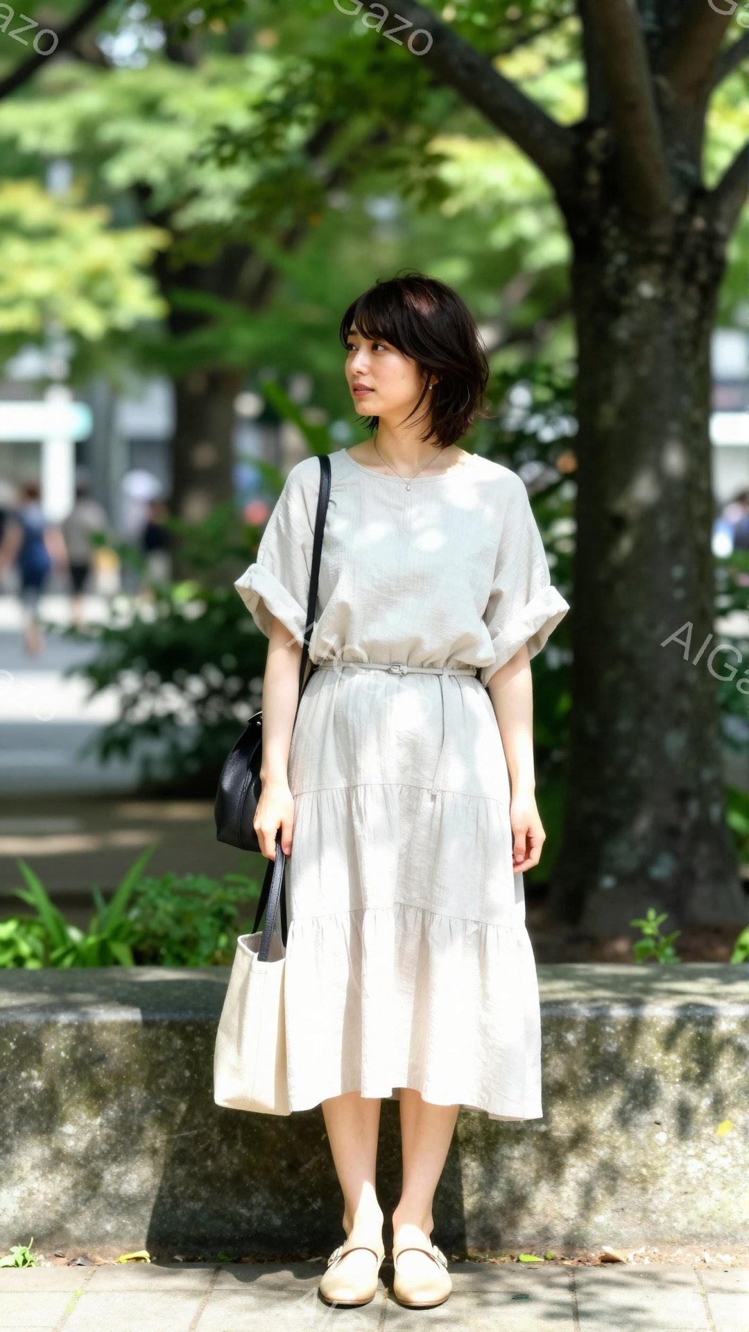 モデルは、ベージュのゆったりとしたミモレ丈ワンピースに、同色のリボンベルトを締めています。ダークブラウンのボブヘアで、少し微笑んだ表情をしています。背景には緑豊かな木々と石積みの壁があり、晴れた日の穏 - AI生成フリー素材