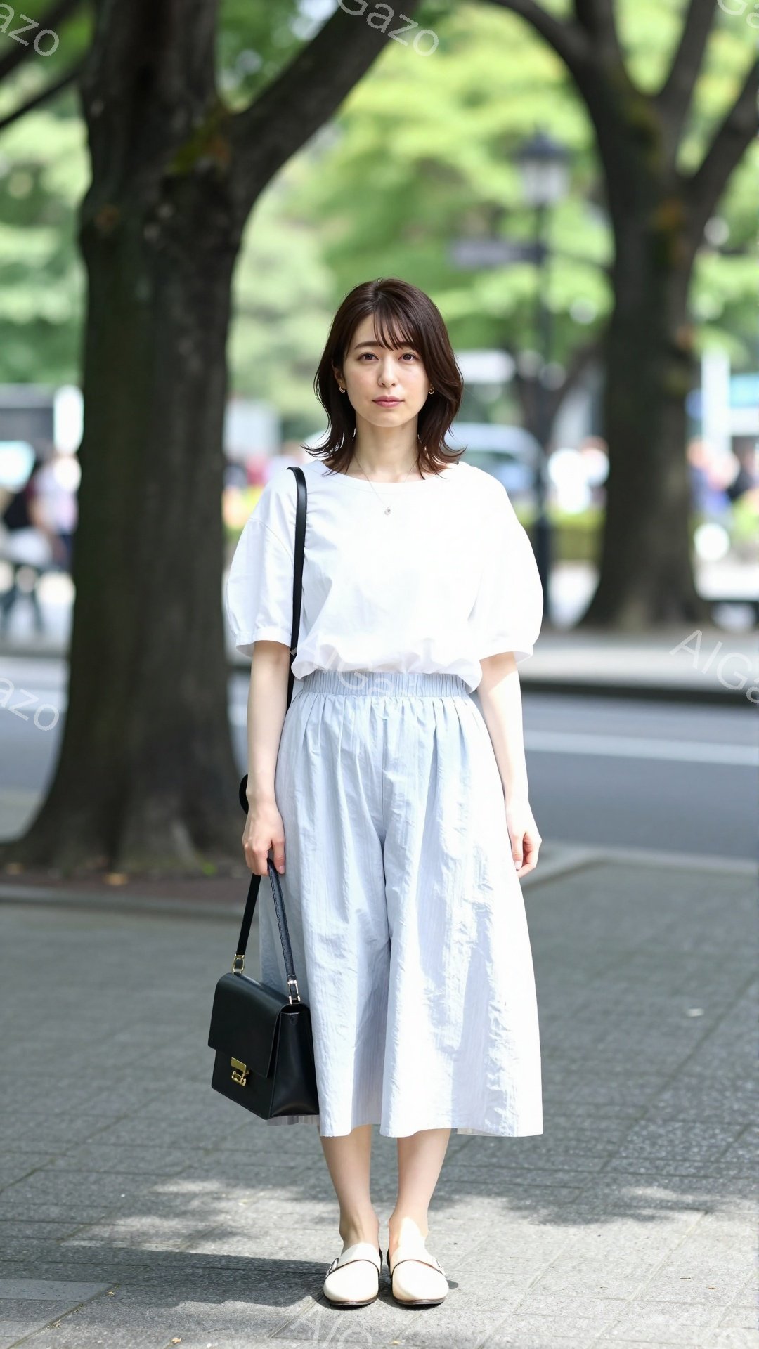 画像は、白いブラウスと水色のワイドパンツを着用した女性が写っています。彼女は黒いショルダーバッグと白いフラットシューズを合わせ、カジュアルながらも上品なスタイルです。背景には緑豊かな木々と歩道が広がっており、晴れた日の穏やかな雰囲気が漂っています。