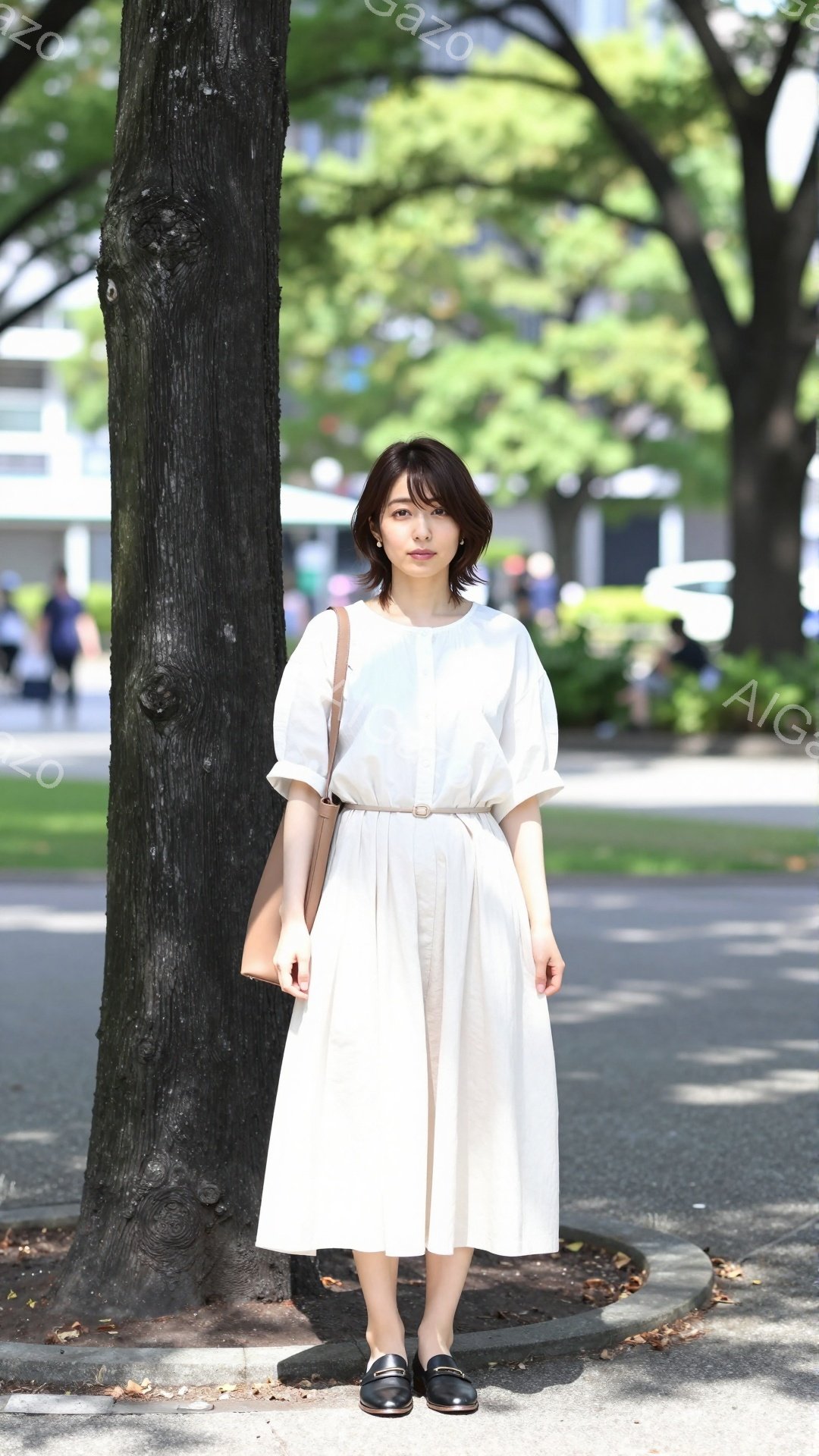 画像に写っている女性は、オフホワイトのブラウスとミディ丈のスカートを着用しており、ウエストには細いベルトが巻かれています。彼女はダークカラーのローファーを履き、肩には茶色のショルダーバッグを掛けています。背景には緑豊かな木々や建物が見え、晴れた日の穏やかな雰囲気が漂っています。