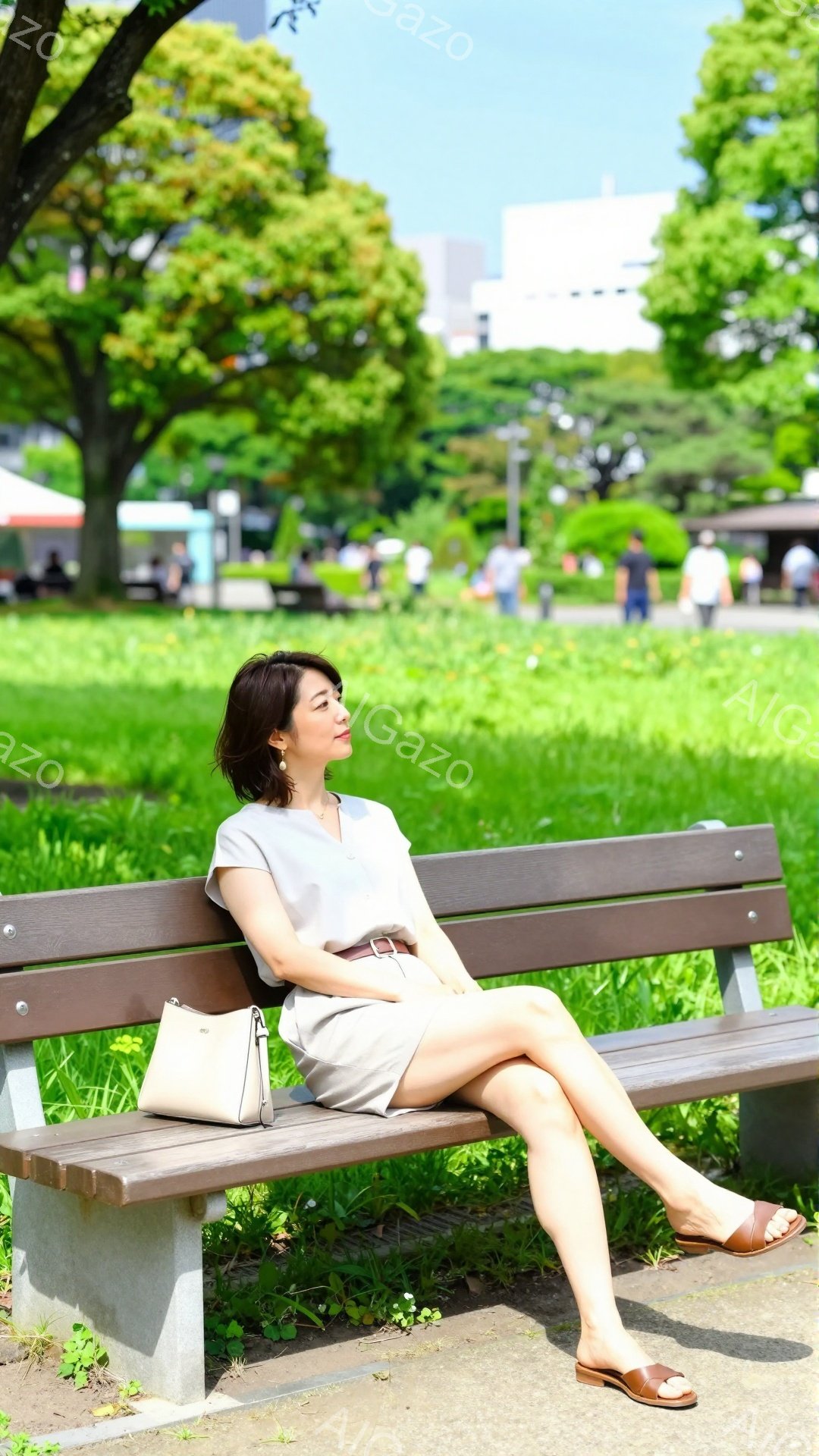 画像には、公園のベンチに座っている女性が写っています。彼女は薄いベージュのシャツとショートパンツを身につけ、足元はサンダルです。明るい日差しが差し込む緑豊かな公園で、リラックスした穏やかな雰囲気が漂っ - AI生成フリー素材