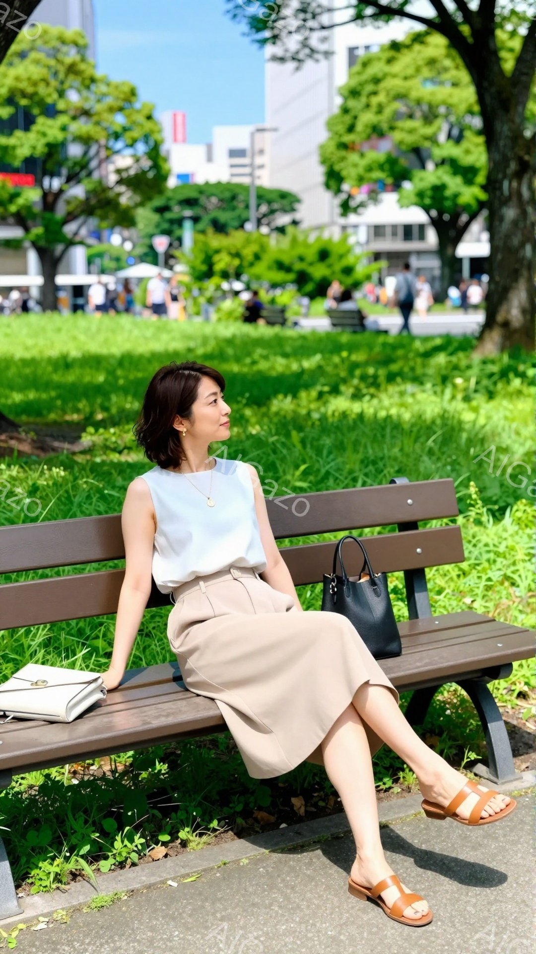 画像には、公園のベンチに座る女性が写っています。ベージュの膝丈スカートと白いタンクトップを着用し、茶色のサンダルを履いています。彼女はリラックスした表情で遠くを見つめ、手には黒いハンドバッグが置かれて - AI生成フリー素材