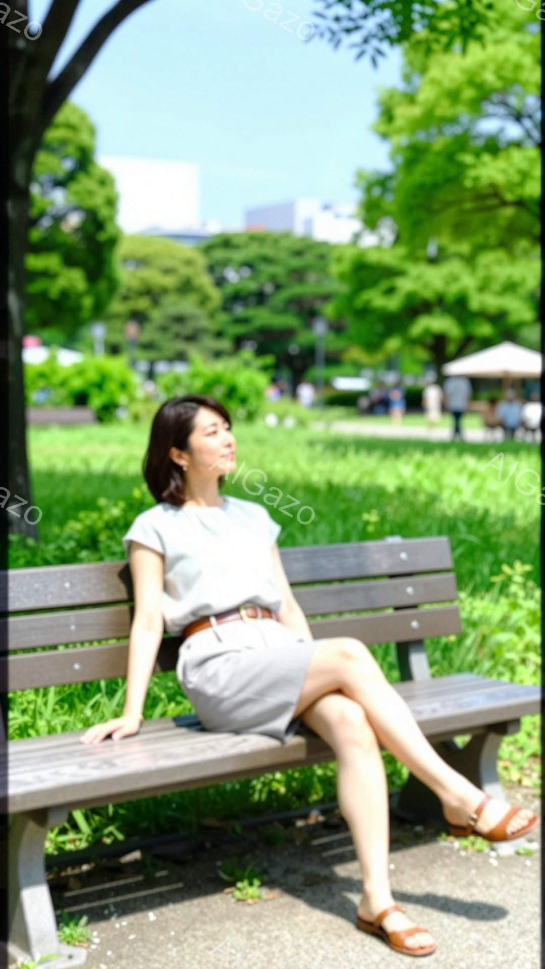 公園のベンチに座る女性が写っています。ベージュ系のトップスに、膝丈のスカート、サンダルを履いており、リラックスした装いです。彼女は目を細めて微笑んでおり、穏やかな表情をしています。 - AI生成フリー素材