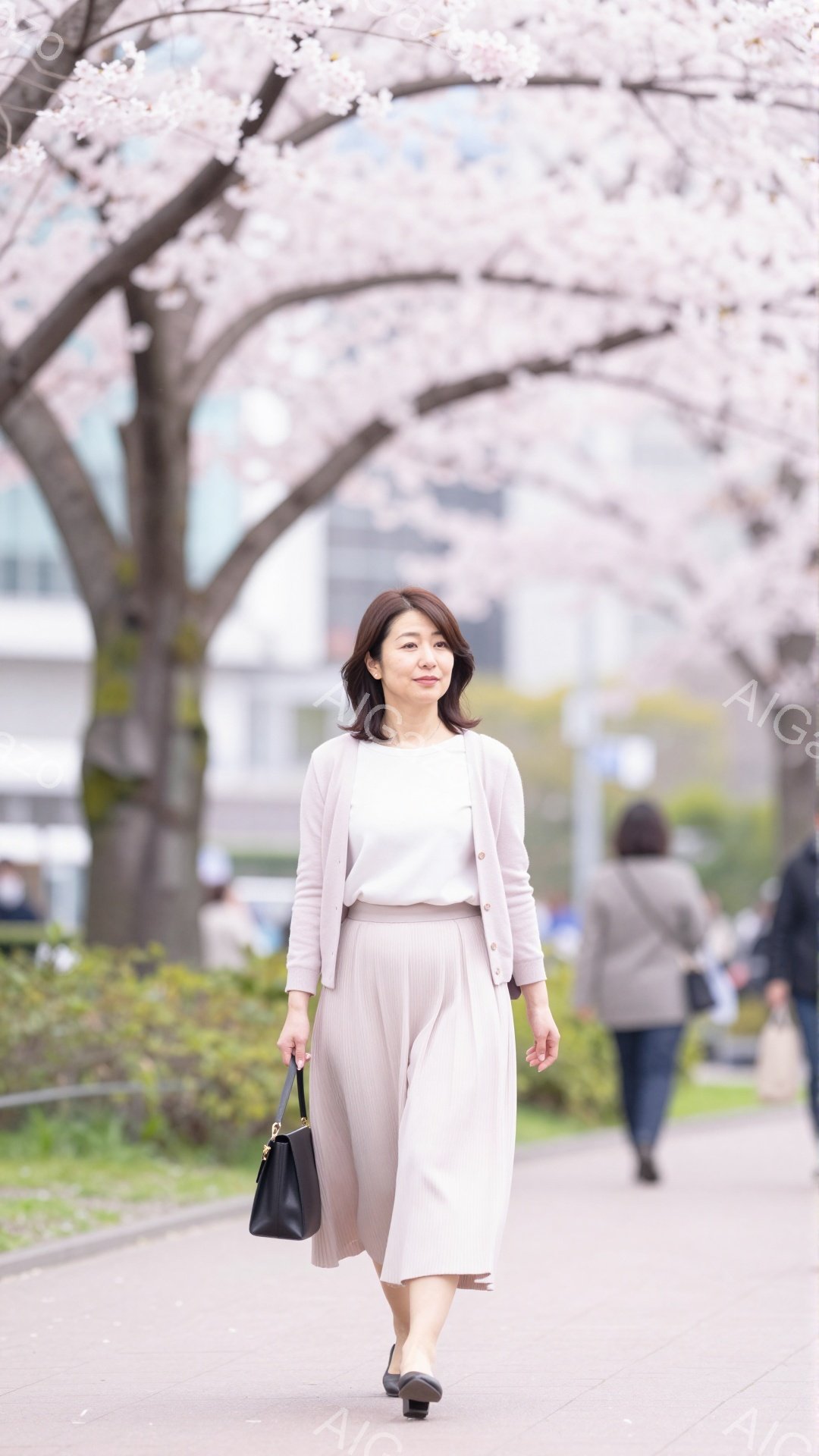 画像には、桜並木を歩く女性が写っています。ベージュのカーディガンとスカートを合わせ、黒いハンドバッグを持っています。背景には、桜の花びらが舞い散る並木道と、ぼんやりと見える建物が見え、春の穏やかな雰囲 - AI生成フリー素材