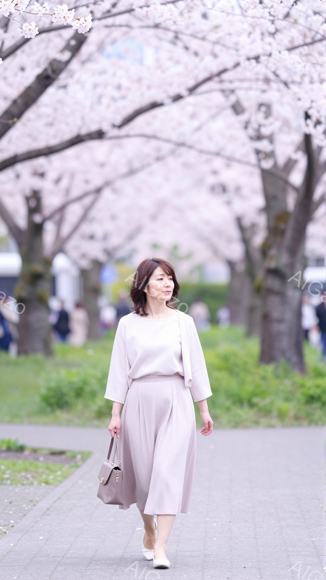浅いピンク色のブラウスとワイドパンツの女性が、桜並木の中を歩いている。彼女は肩を少し落としたリラックスした姿勢で、明るい笑顔を浮かべている。背景には、満開の桜が咲き誇り、春の穏やかな雰囲気が漂っている - AI生成フリー素材