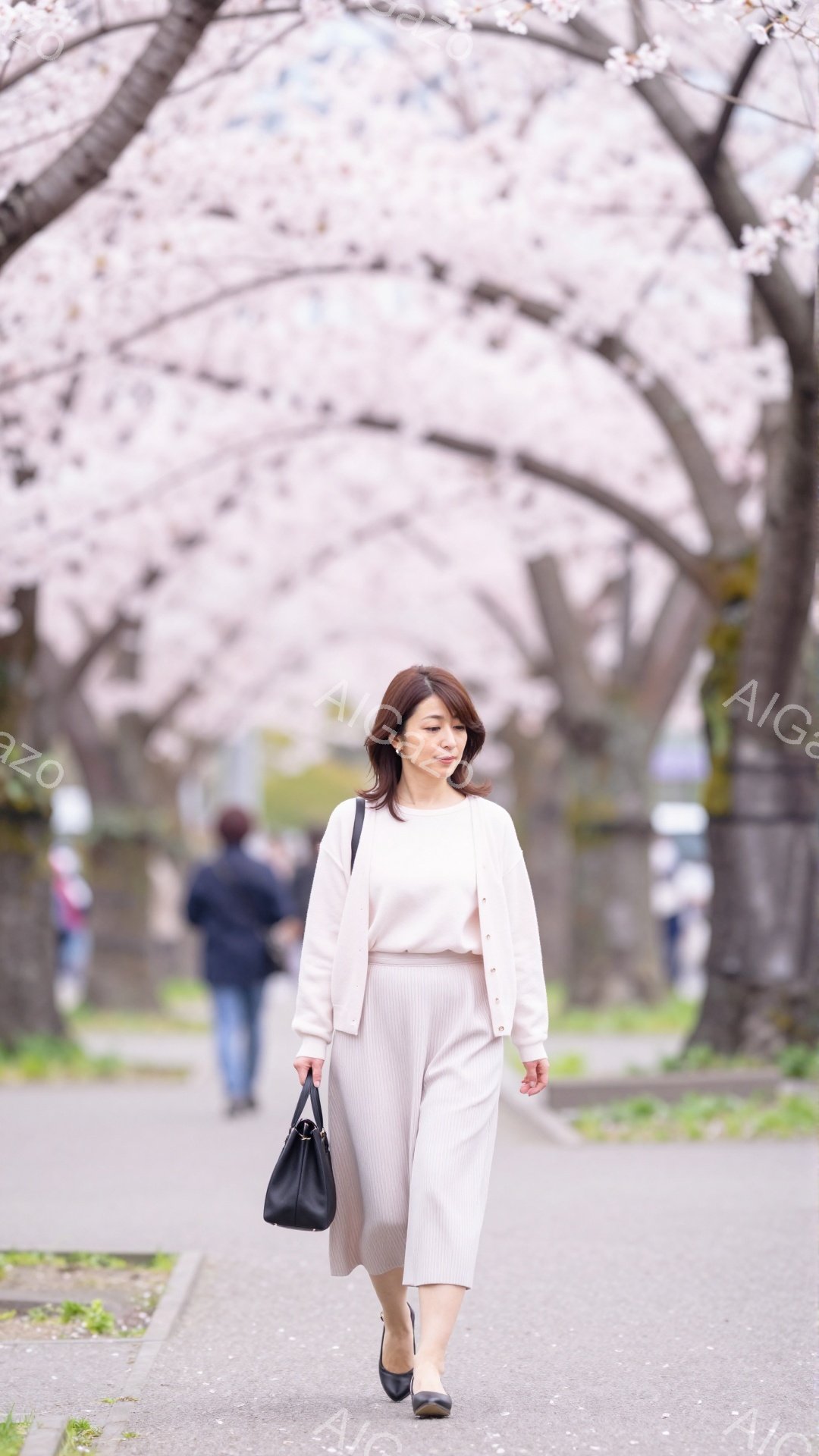 画像には、桜並木の中を歩く女性が写っています。ベージュのカーディガンとスカートのセットアップ姿で、黒いハンドバッグを持っています。背景には、満開の桜が咲き誇り、春の穏やかな雰囲気を醸し出しています。