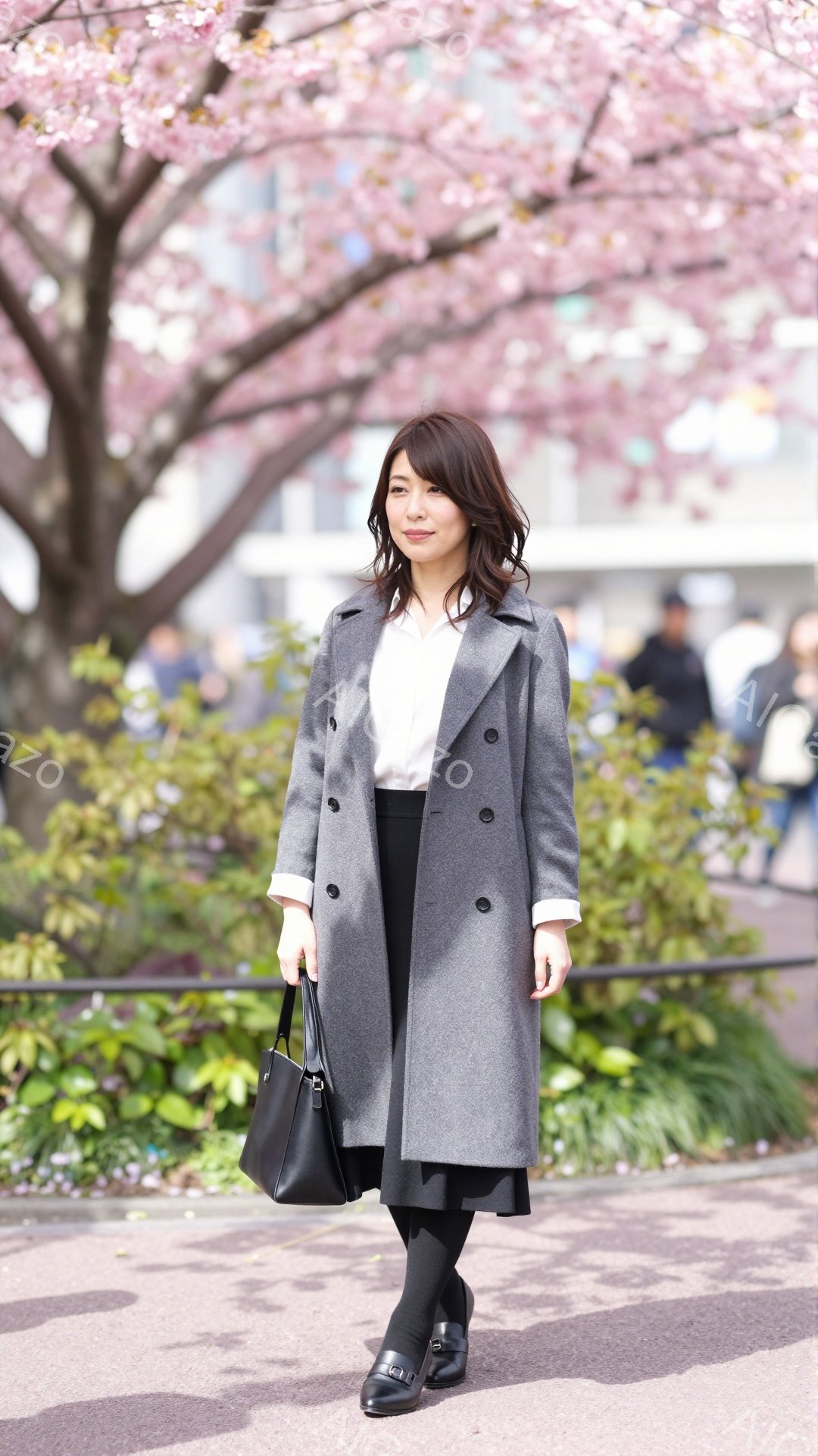 モデルはグレーのコート、白いシャツ、黒いスカート、そして黒いパンプスを身に着けている。彼女は黒いハンドバッグを持っており、やや微笑んでいるように見える。背景には桜の木が咲き乱れ、春の穏やかな晴天の公園 - AI生成フリー素材
