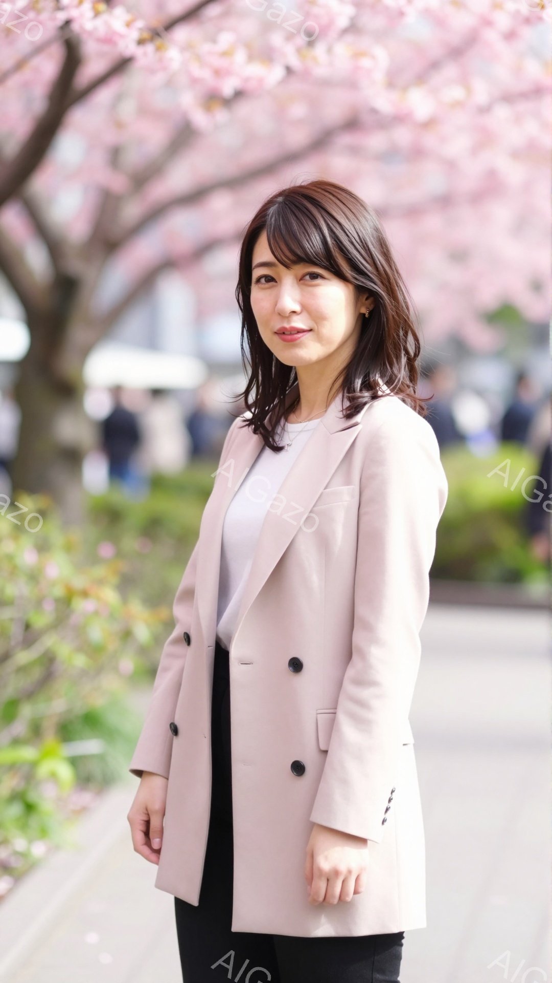 画像には、薄いピンク色のジャケットを着た女性が写っています。彼女は黒いズボンを履き、髪は肩までの長さで、やや内巻きになっています。背景には桜並木が広がり、春の穏やかな雰囲気が漂っています。